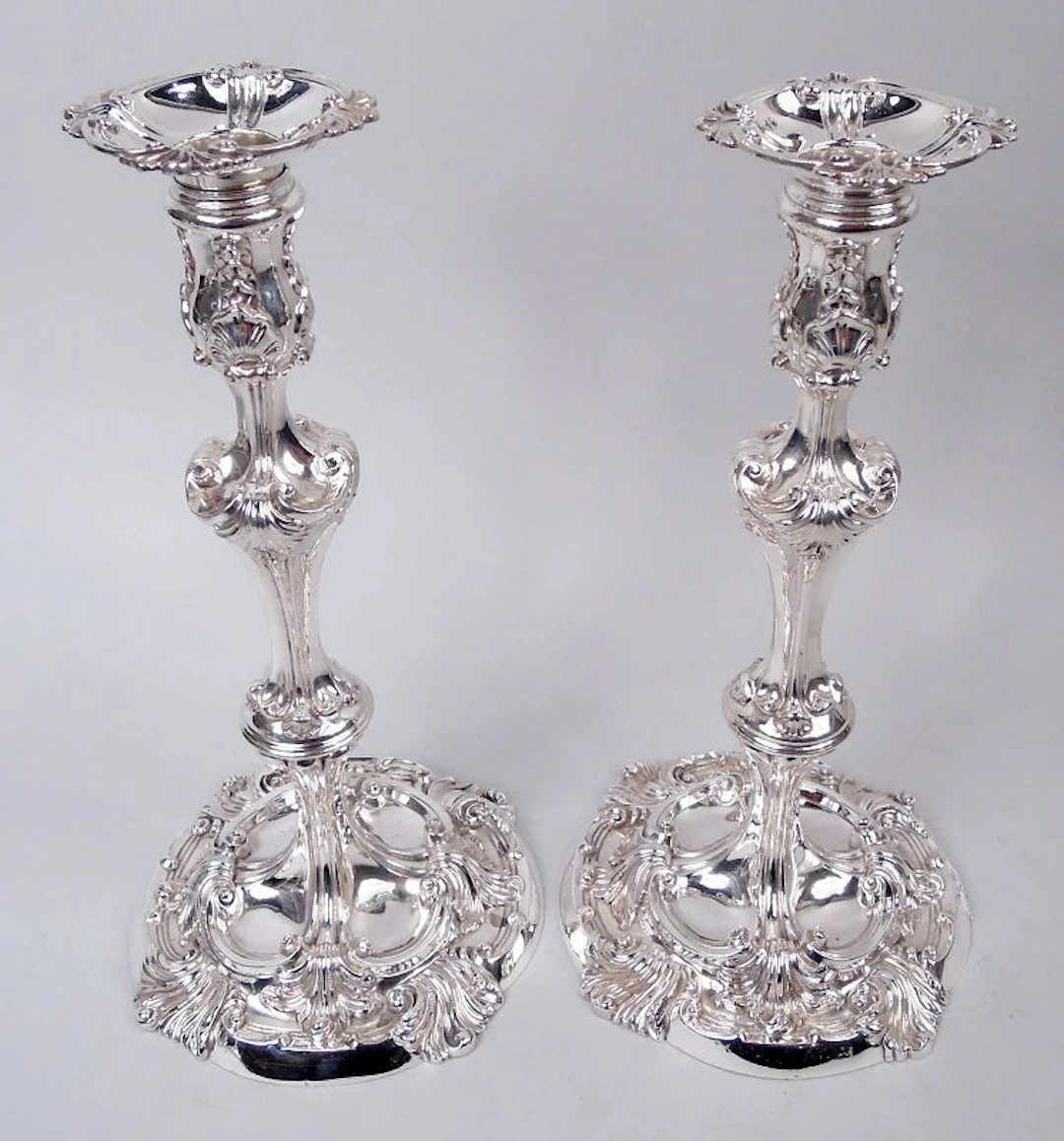 Pair of English Edwardian Rococo Sterling Silver Candlesticks 1914