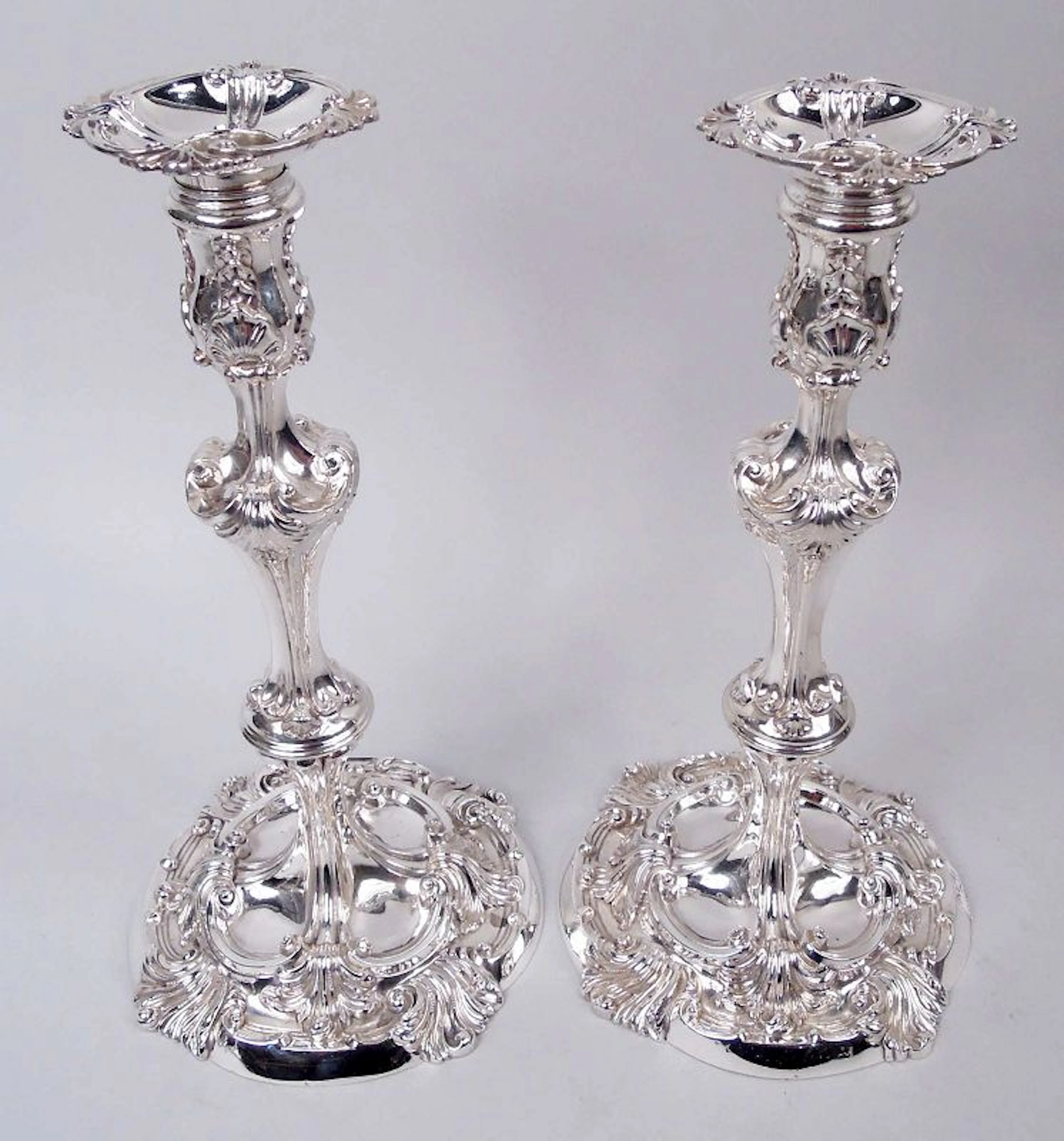 Pair of English Edwardian Rococo Sterling Silver Candlesticks 1914
