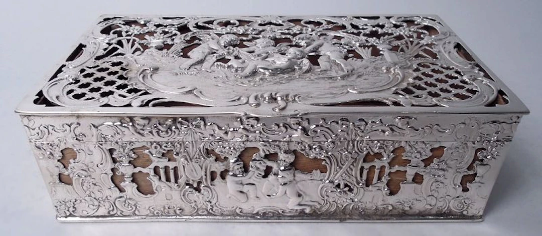 Antique German Hanau Rococo Silver Box with Cherub Frolics