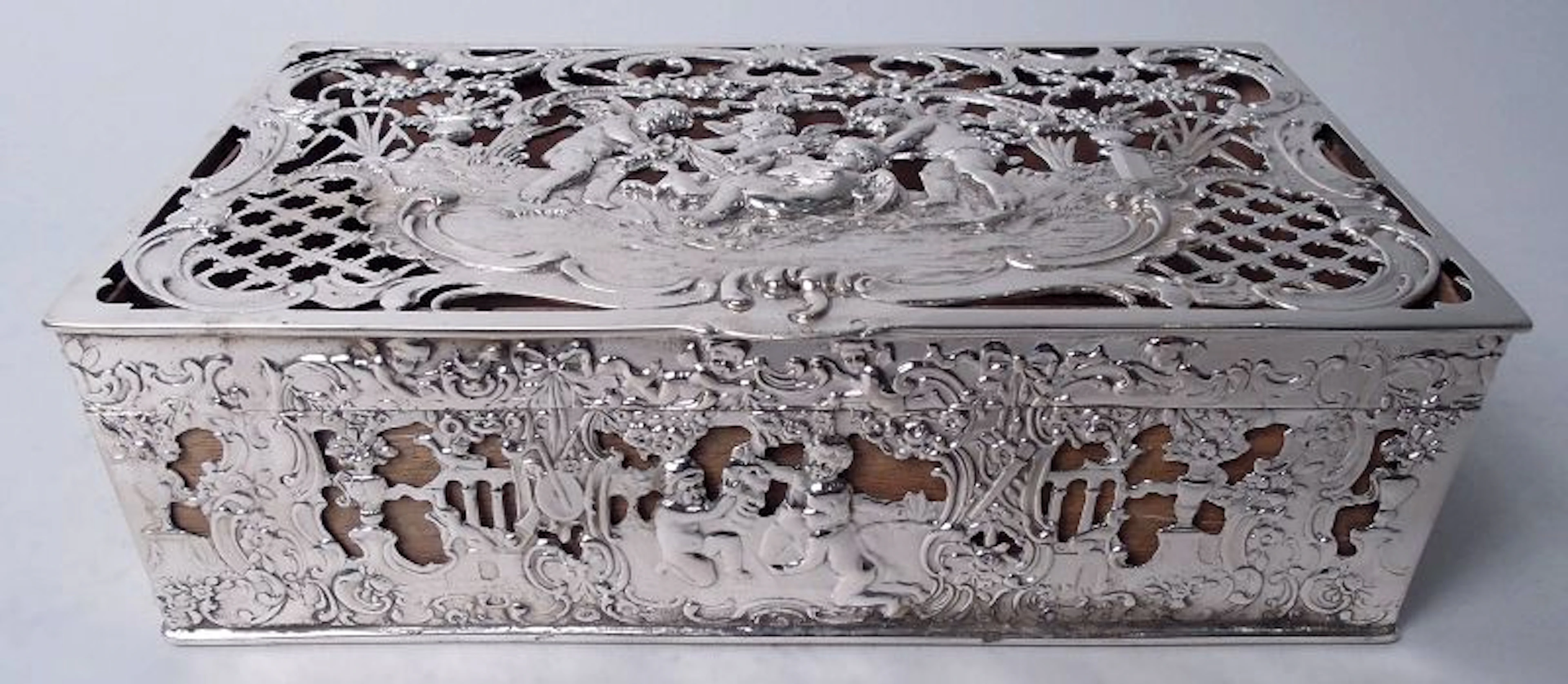 Antique German Hanau Rococo Silver Box with Cherub Frolics