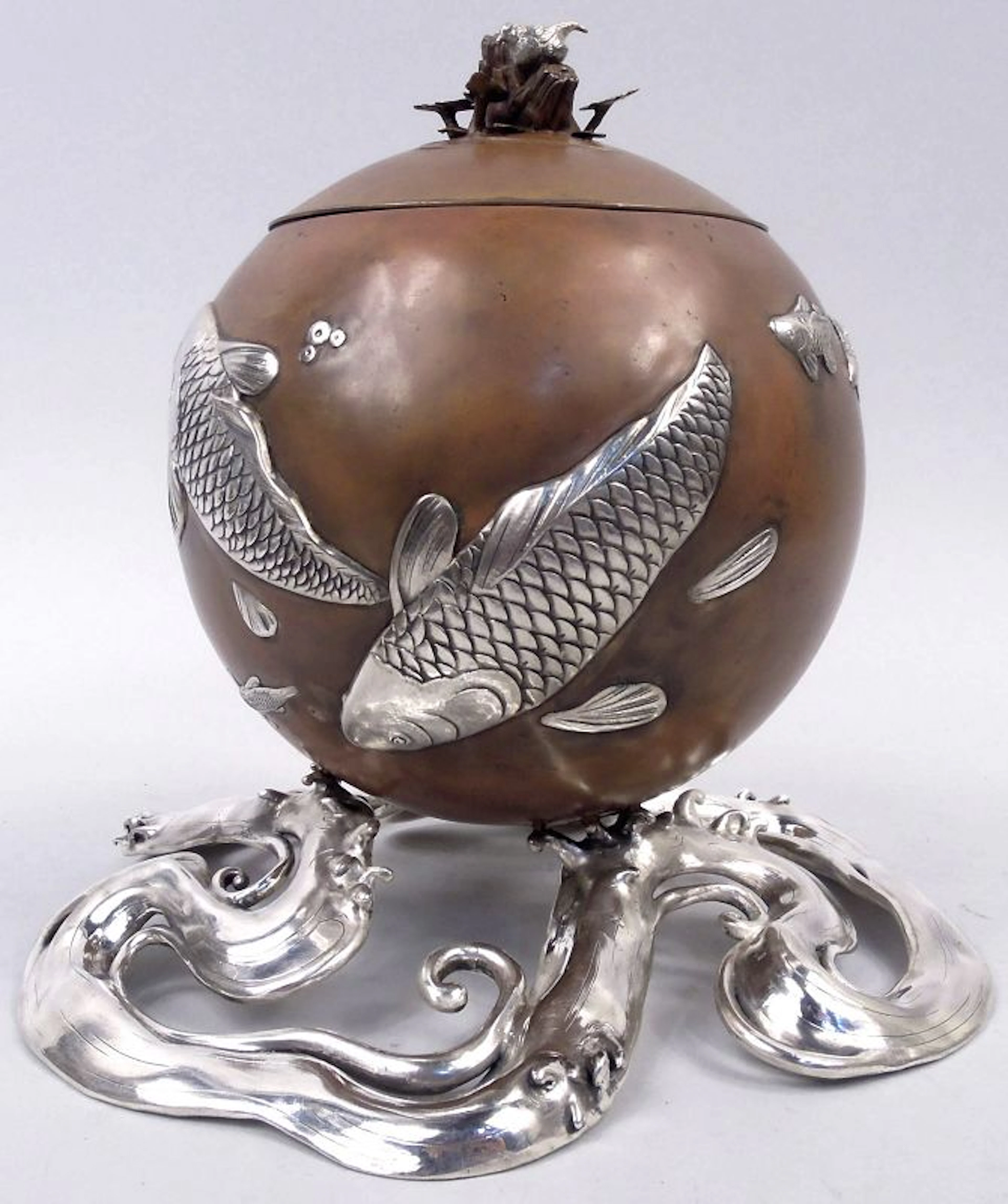Antique Japanese Meiji Mixed Metal Copper Koi Fishbowl Koro