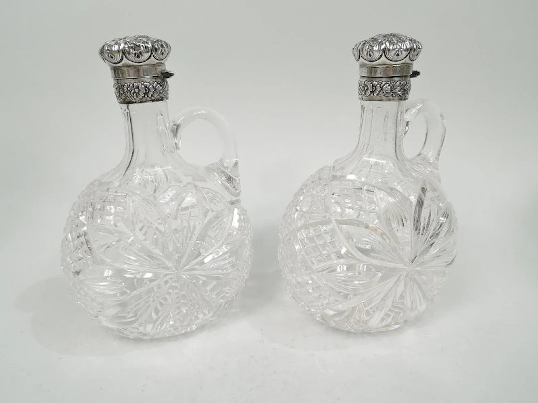Pair of Antique Gorham Victorian Cut-Glass & Sterling Silver Decanters