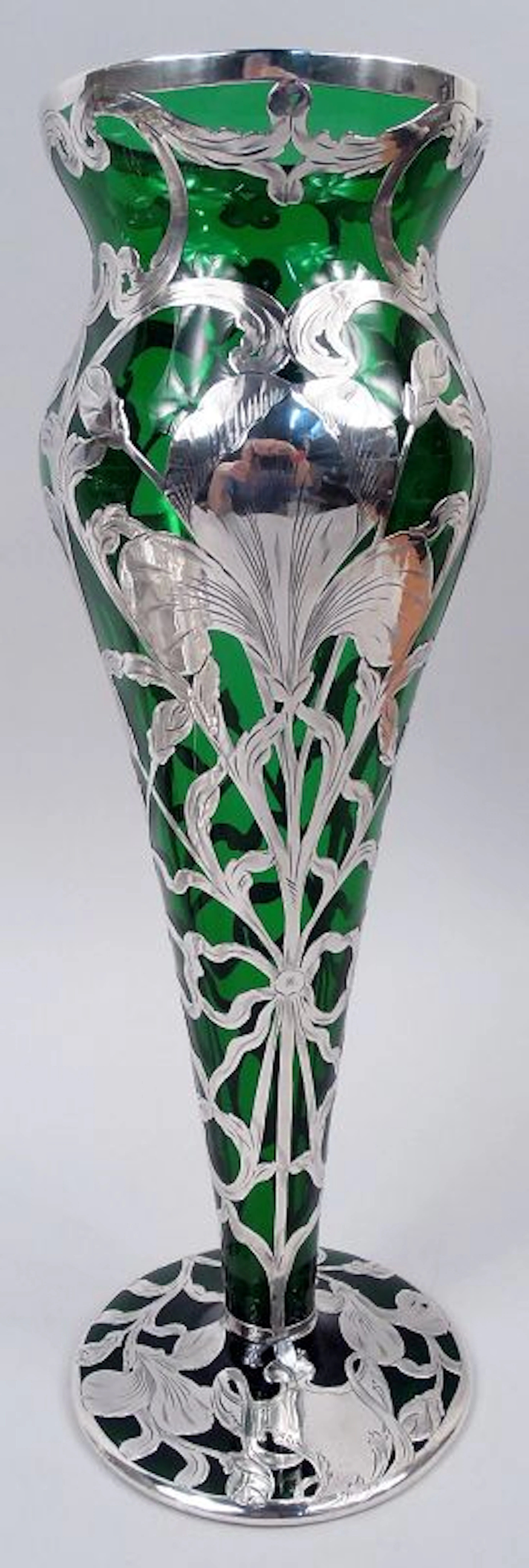 Antique Matthews Art Nouveau Green Silver Overlay 15-Inch Vase