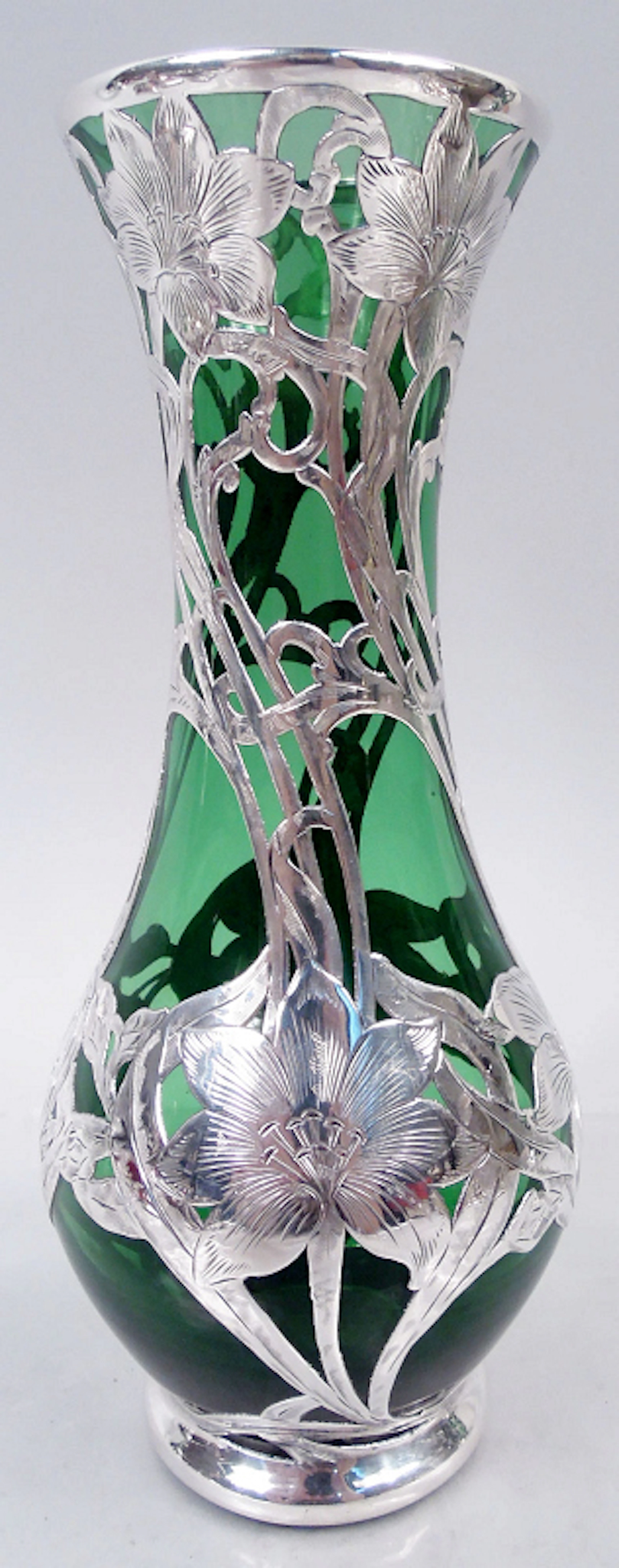Antique Alvin Art Nouveau Green Silver Overlay 8-Inch Vase
