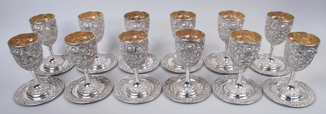 Set of 12 Chinese Edwardian Classical Repousse Silver Goblets on Stand
