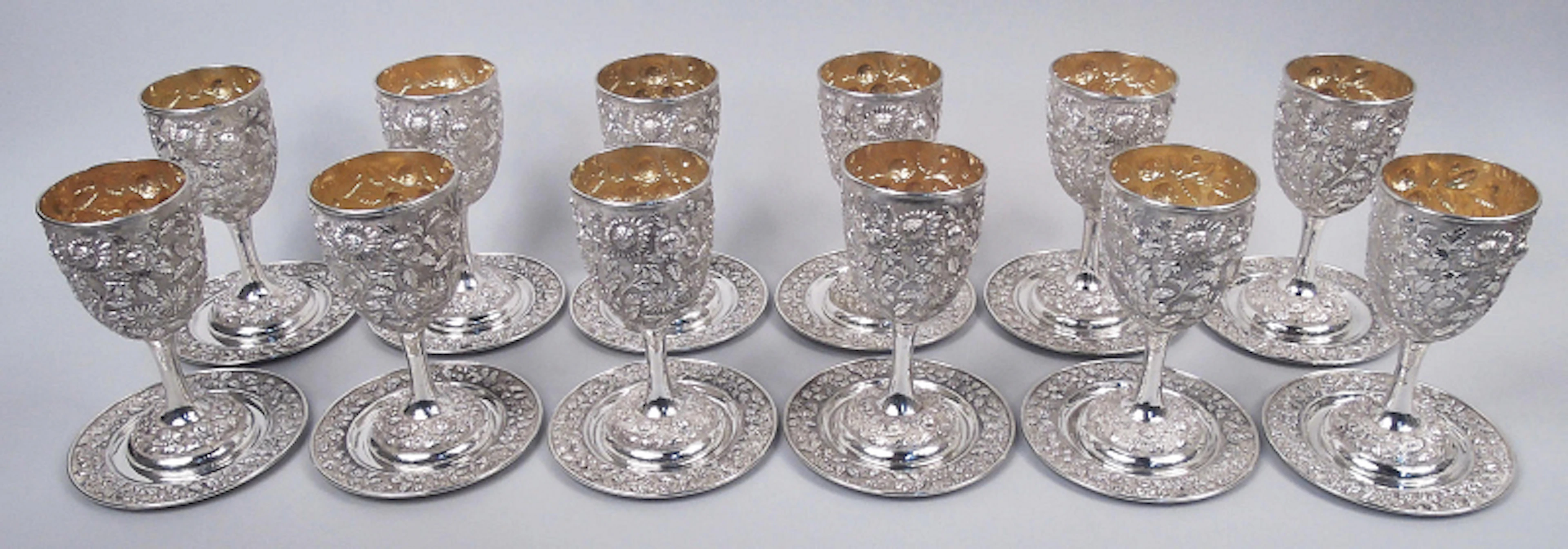 Set of 12 Chinese Edwardian Classical Repousse Silver Goblets on Stand