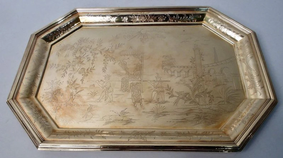 English Edwardian Queen Anne Indo-Chinoiserie Silver Gilt Tray 1916