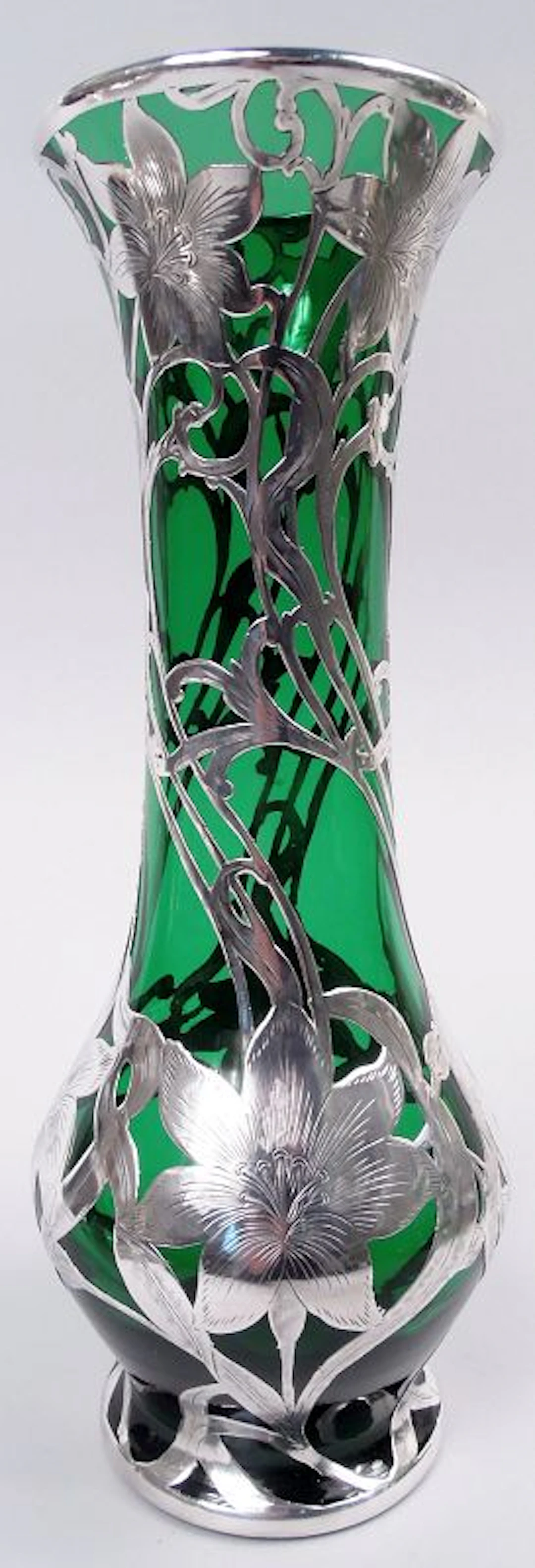 American Art Nouveau Green Silver Overlay 12-Inch Vase