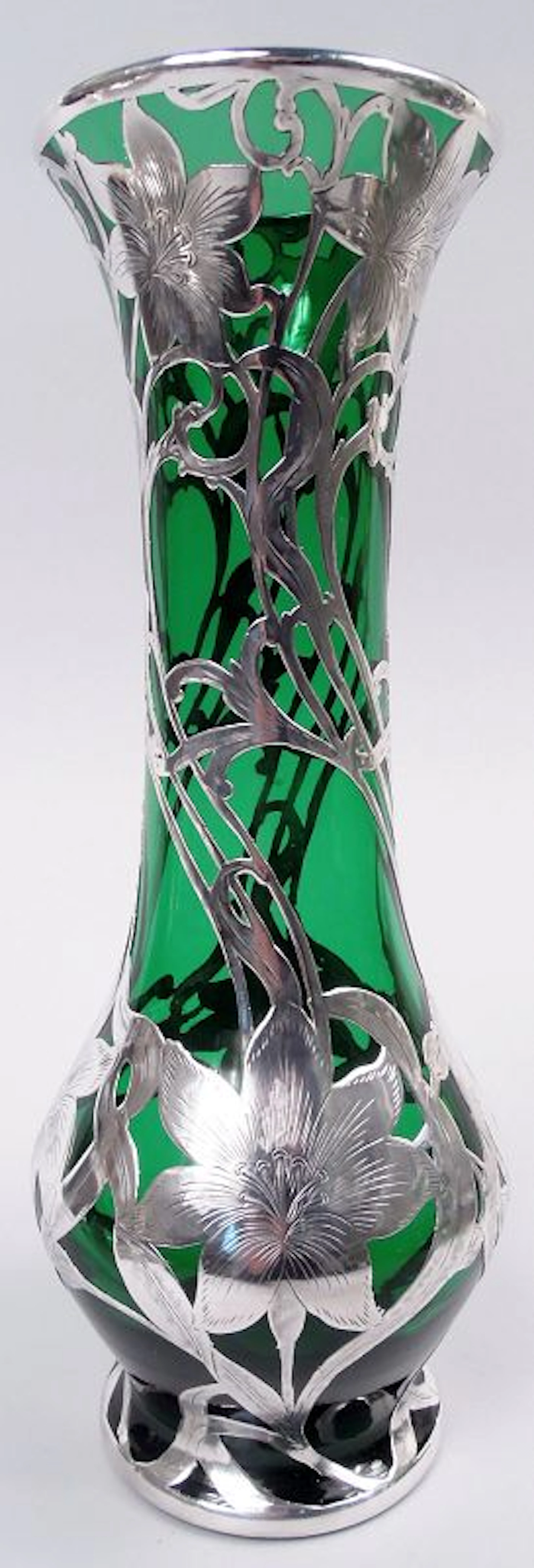 American Art Nouveau Green Silver Overlay 12-Inch Vase