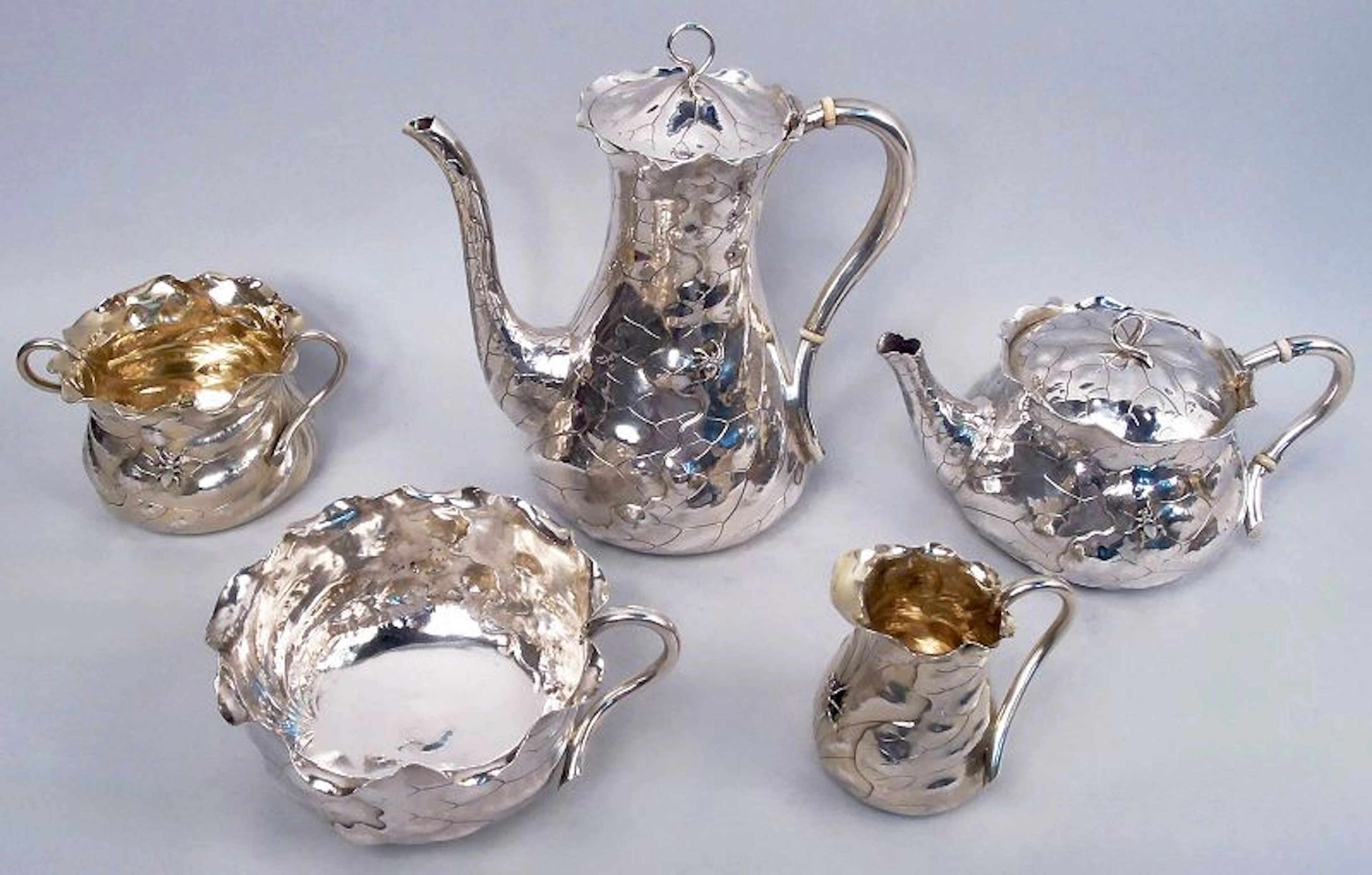 Antique Shiebler Japonesque Applied Leaf and Bug Coffee & Tea Set