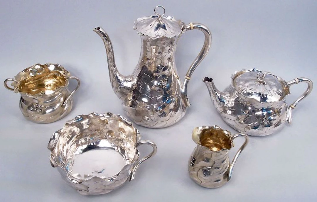 Antique Shiebler Japonesque Applied Leaf and Bug Coffee & Tea Set