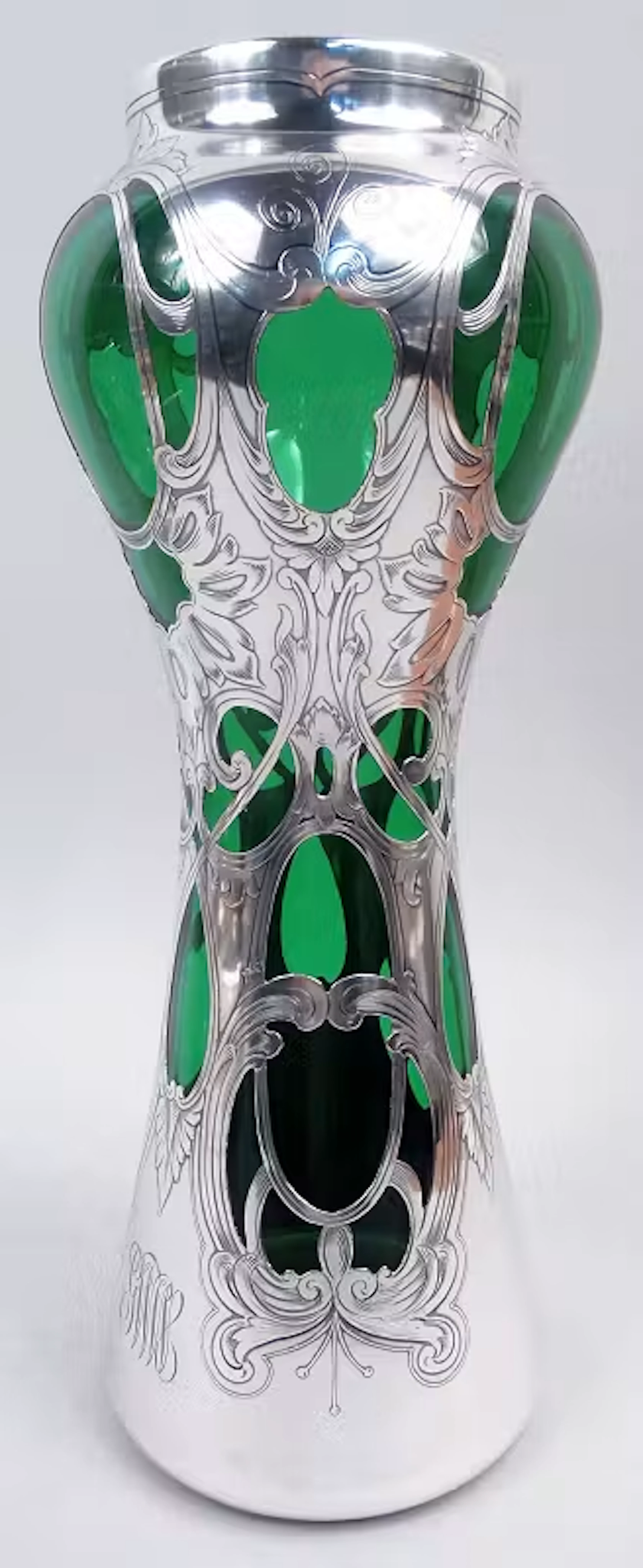 American Art Nouveau Classical Green Silver Overlay 14-Inch Vase