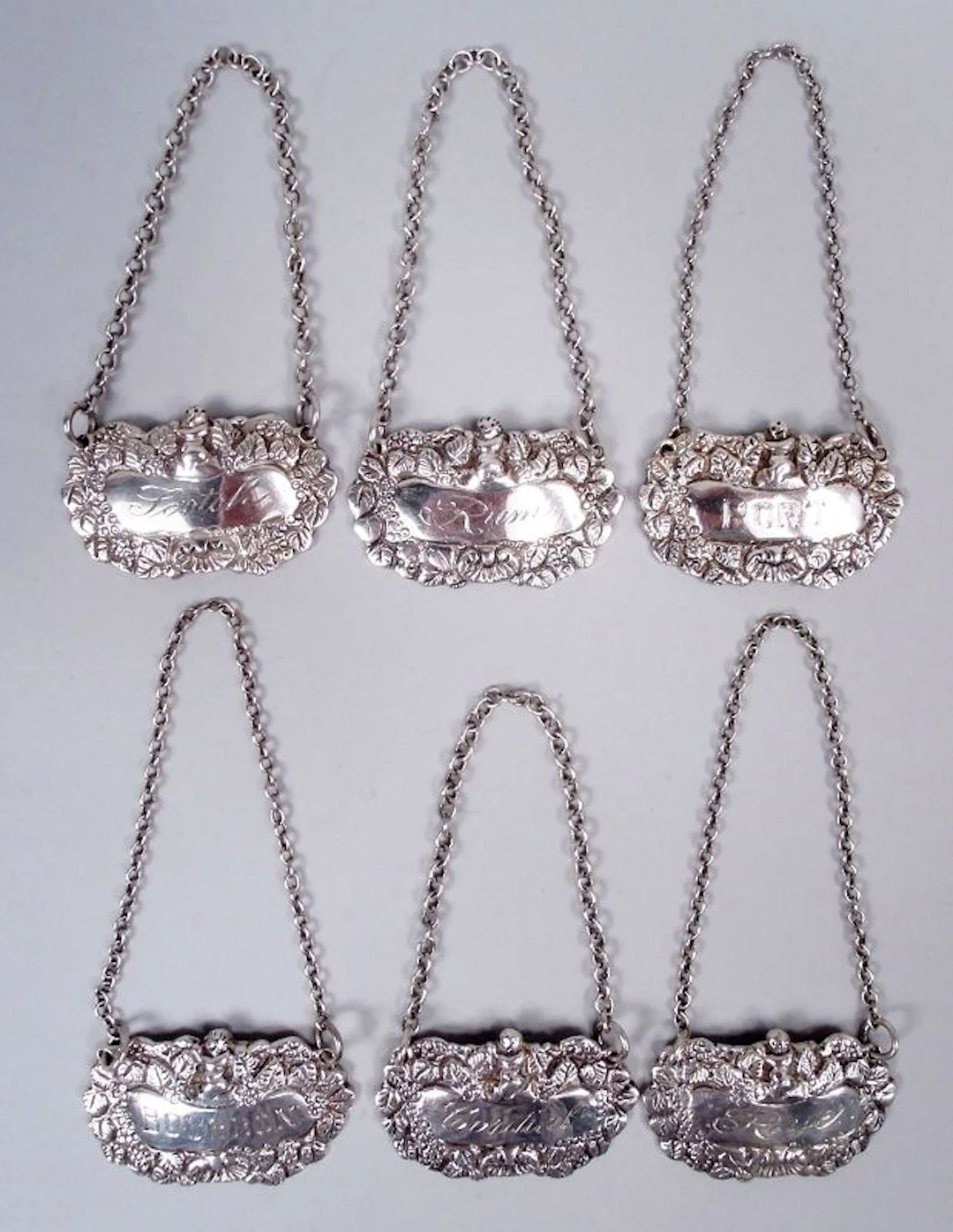 Set of 6 Traditional English Sterling Silver Liquor Tags 1937