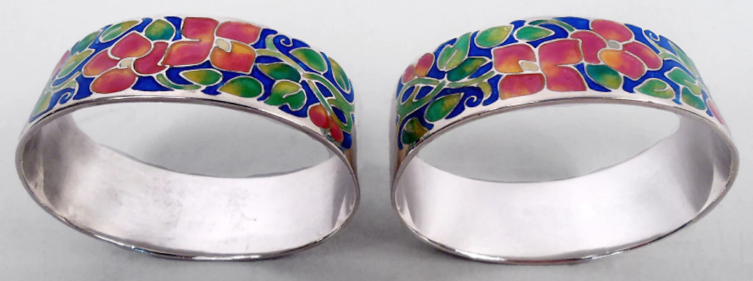 Pair of Pretty English Sterling Silver & Enamel Napkin Rings 1930