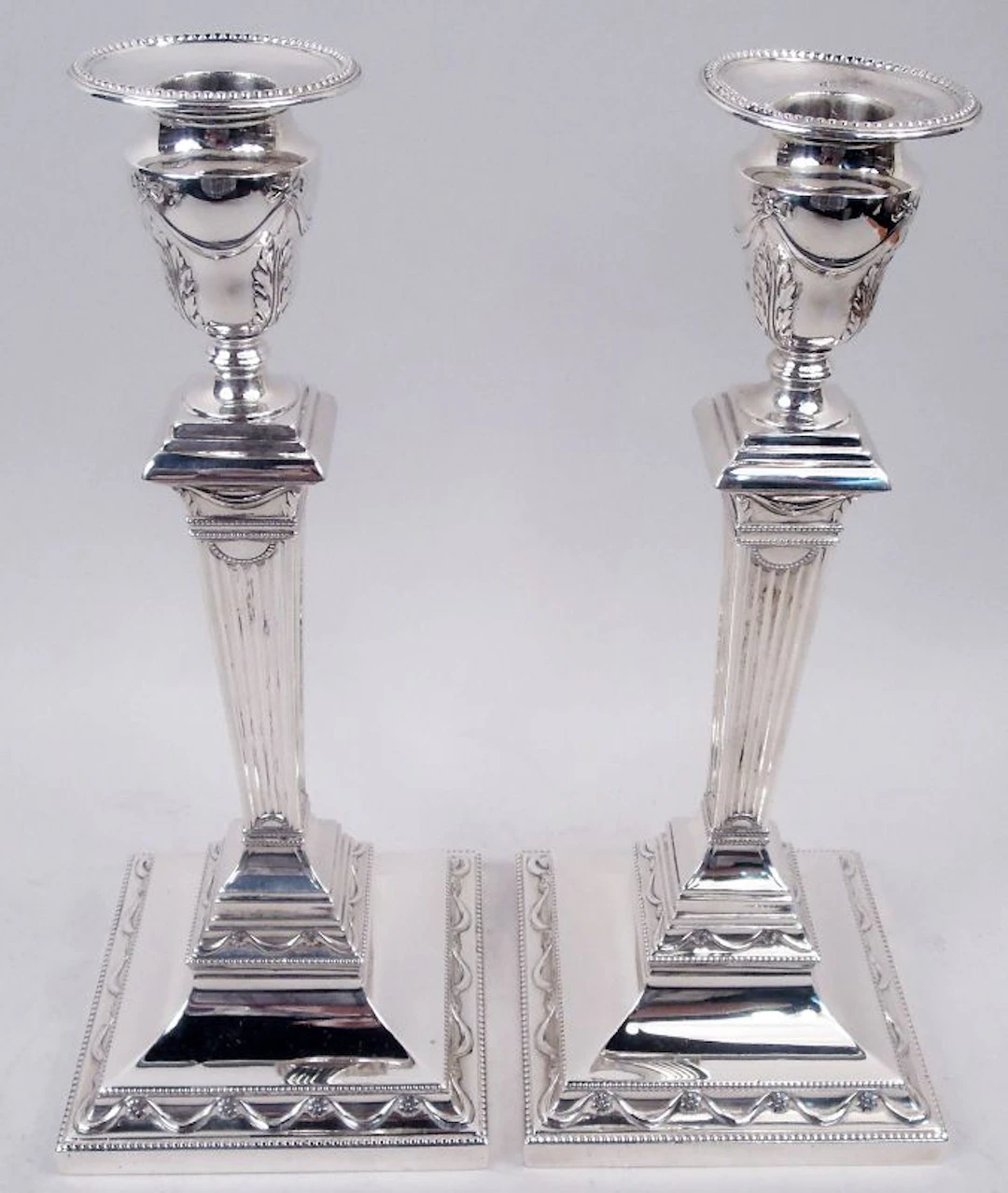 Pair of English Edwardian Neoclassical Pillar Candlesticks 1918