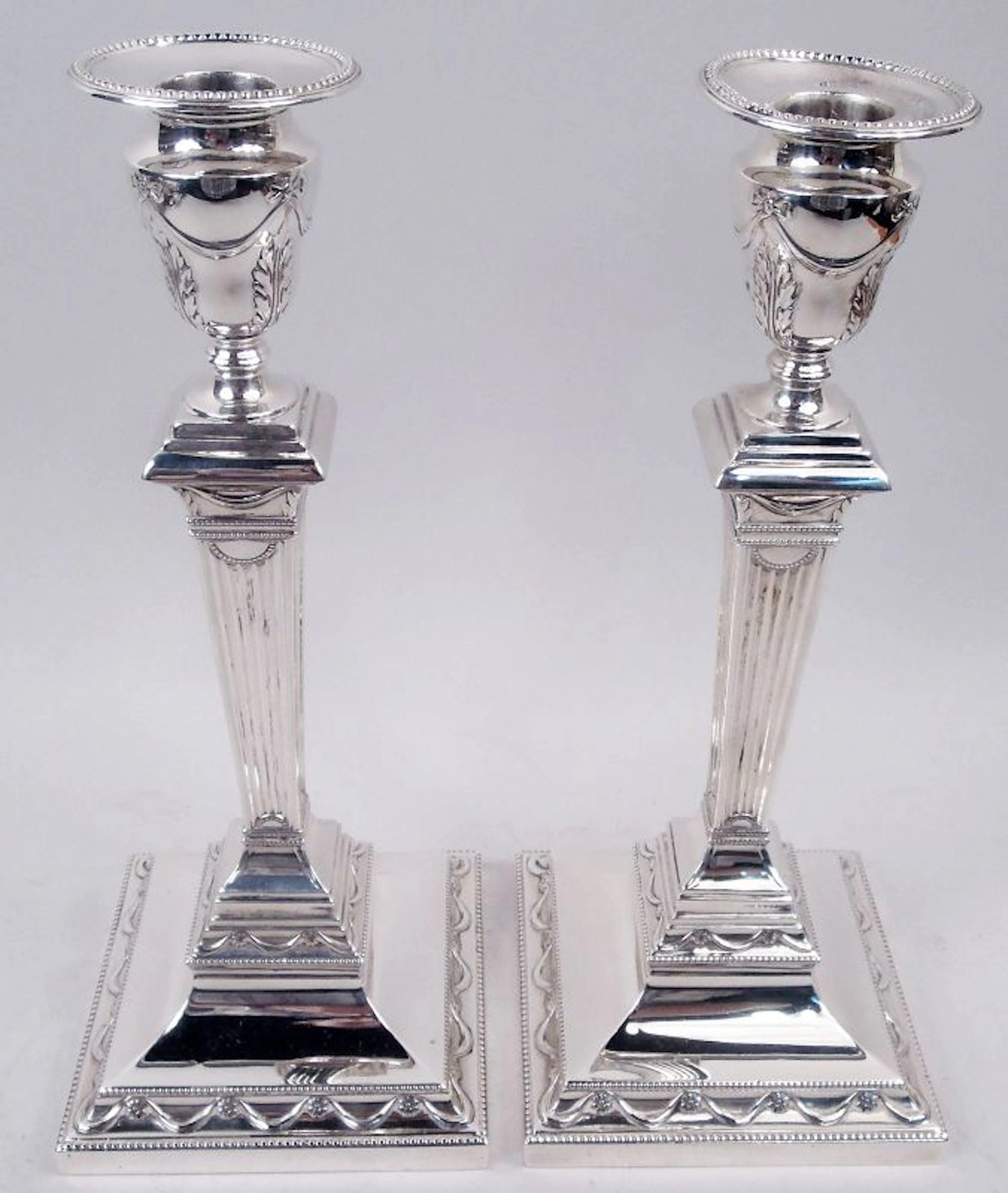 Pair of English Edwardian Neoclassical Pillar Candlesticks 1918
