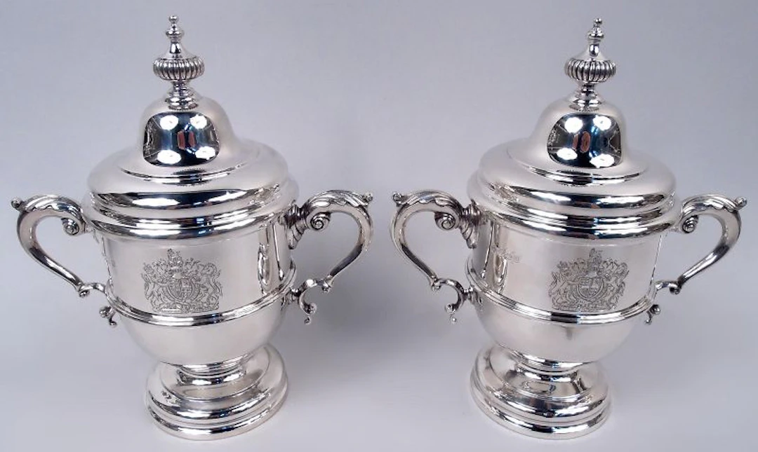 Pair of Asprey Traditional Neoclassical Urns with British Royal Arms