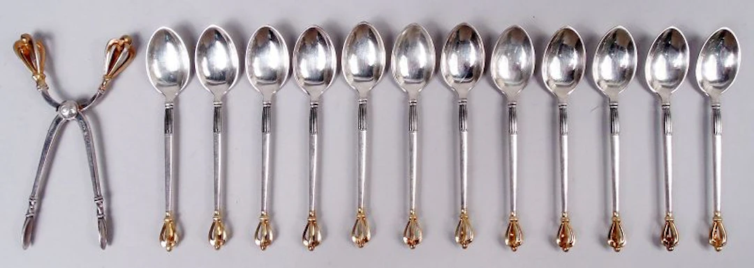 W & S Sorensen Golden Crown Demitasse Spoons & Sugar Nips