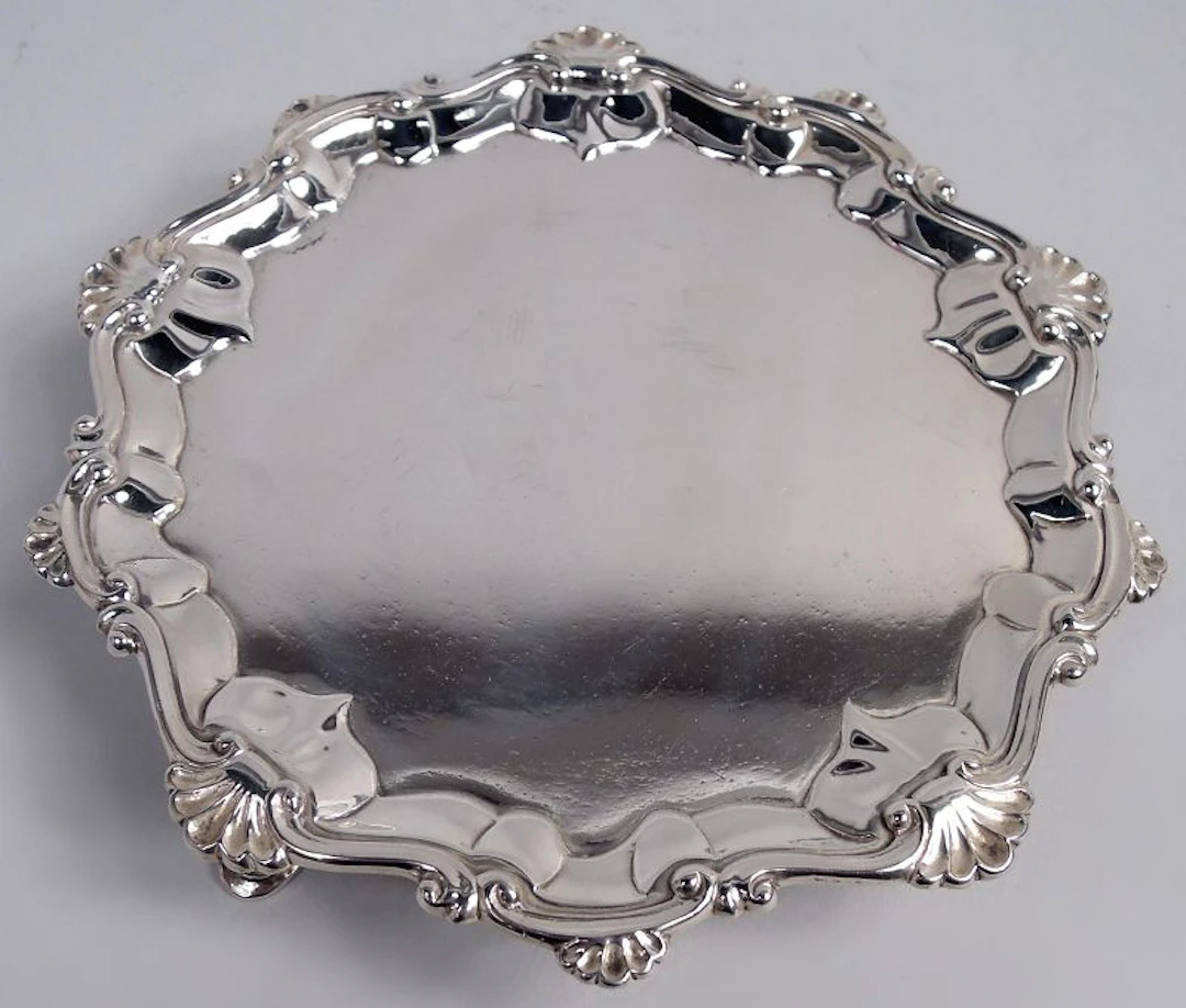 English Georgian Classical Sterling Silver Shell & Scroll Salver 1772