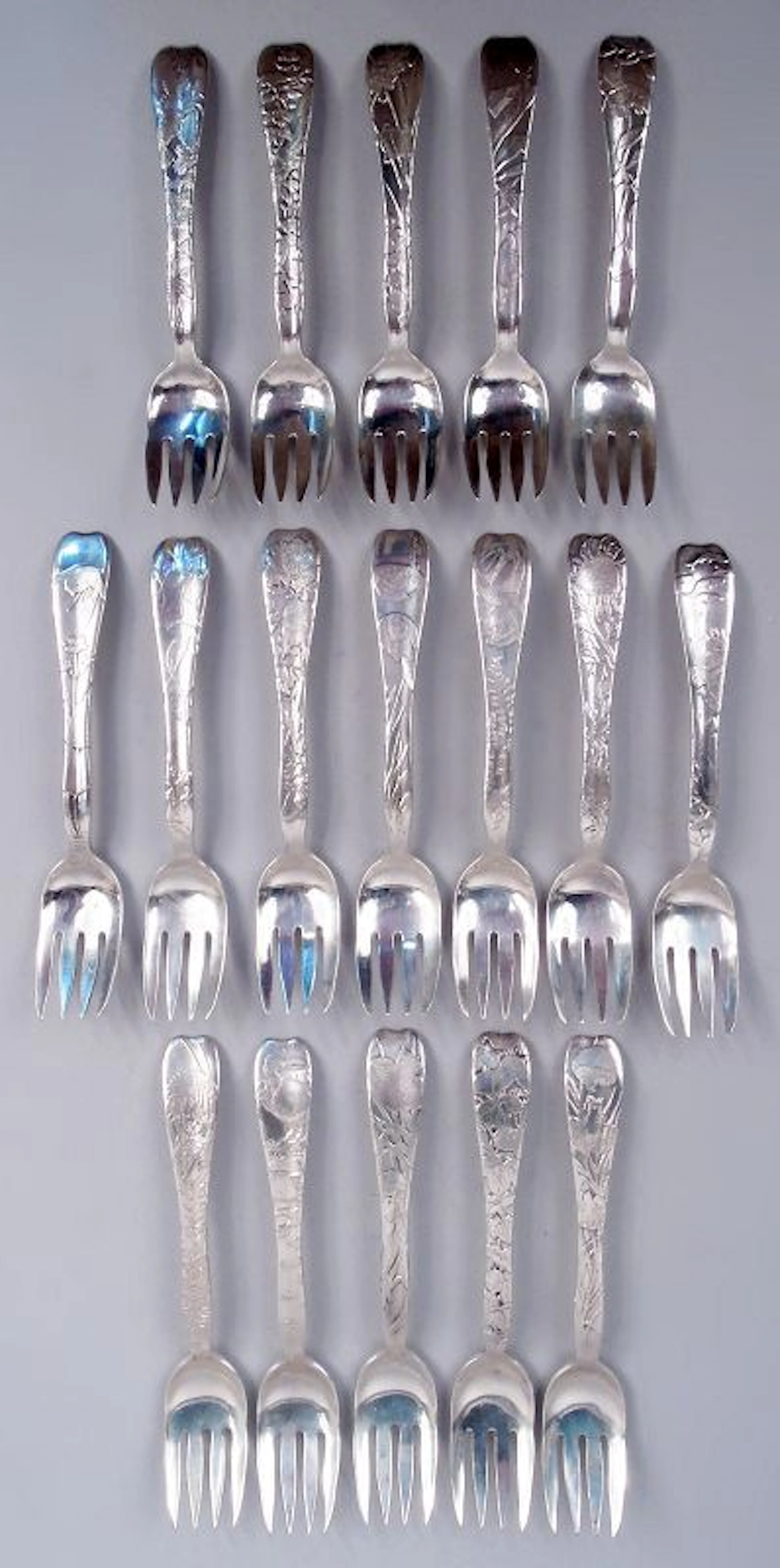 Set of 17 Antique Tiffany Lap Over Edge Sterling Silver Fish Forks