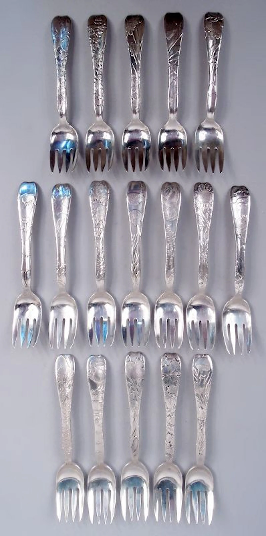 Set of 17 Antique Tiffany Lap Over Edge Sterling Silver Fish Forks