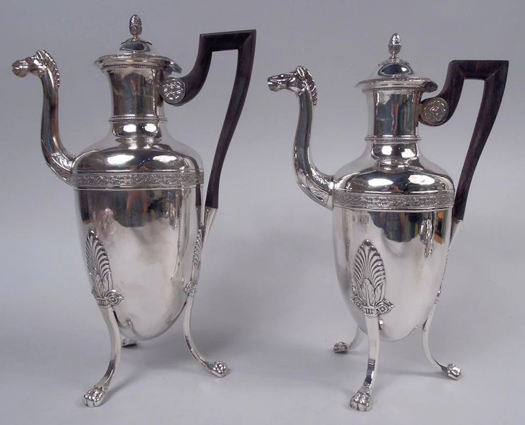 Pair of French Restauration Silver Coffeepots with Horse Head Spouts