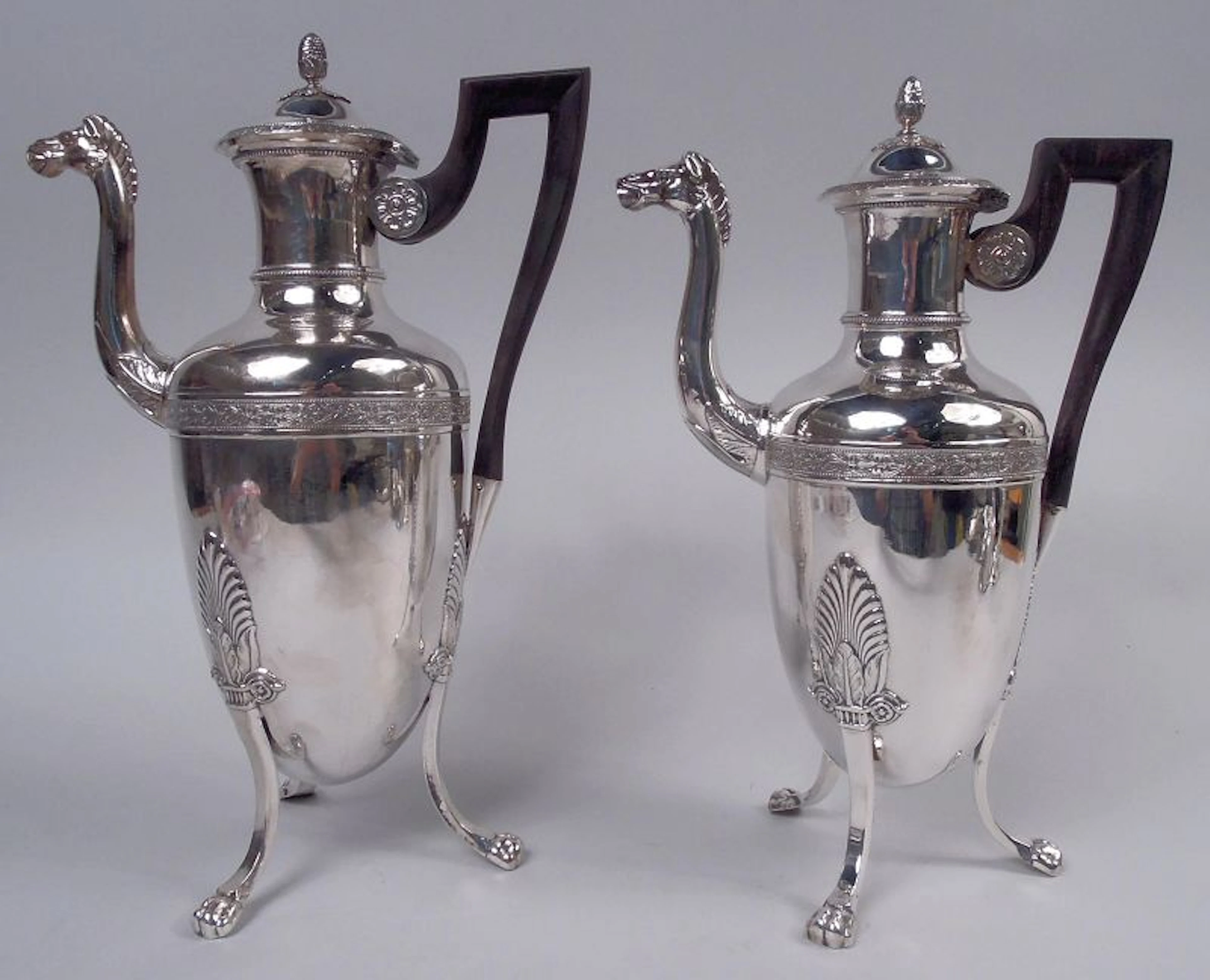 Pair of French Restauration Silver Coffeepots with Horse Head Spouts