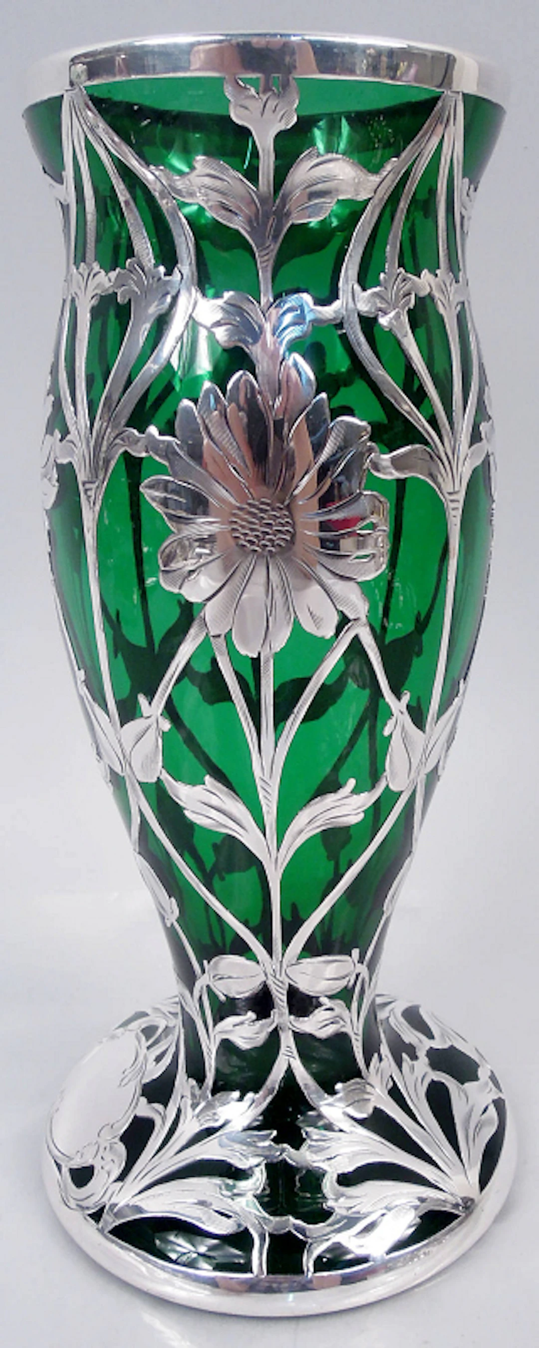 Antique Matthews Art Nouveau Green Daisy Silver Overlay 8-Inch Vase
