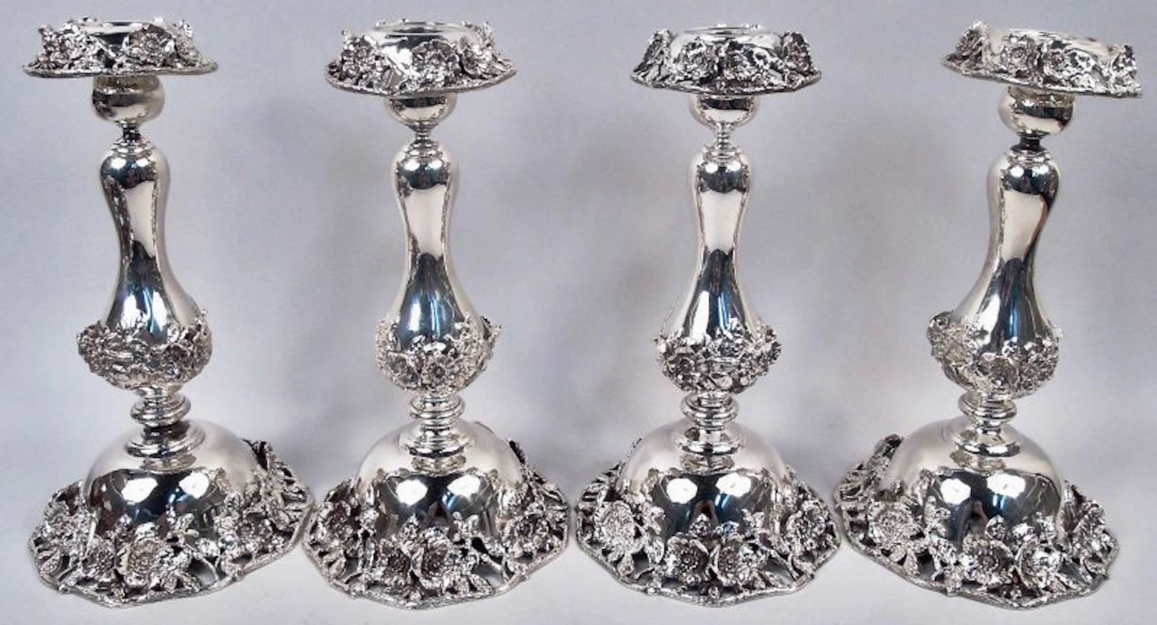 Set of 4 Fresh & Pretty Art Nouveau Sterling Silver Candlesticks