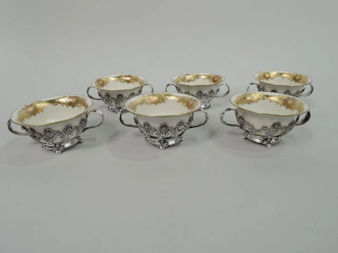 Rare Tiffany Chrysanthemum Bouillon Bowls & Original Lenox Inserts