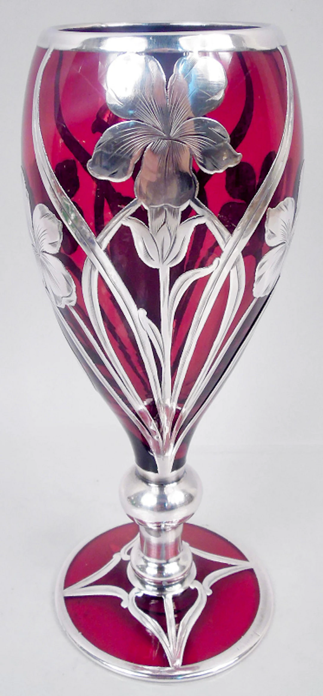 Antique American Art Nouveau Red Silver Overlay 8-Inch Vase