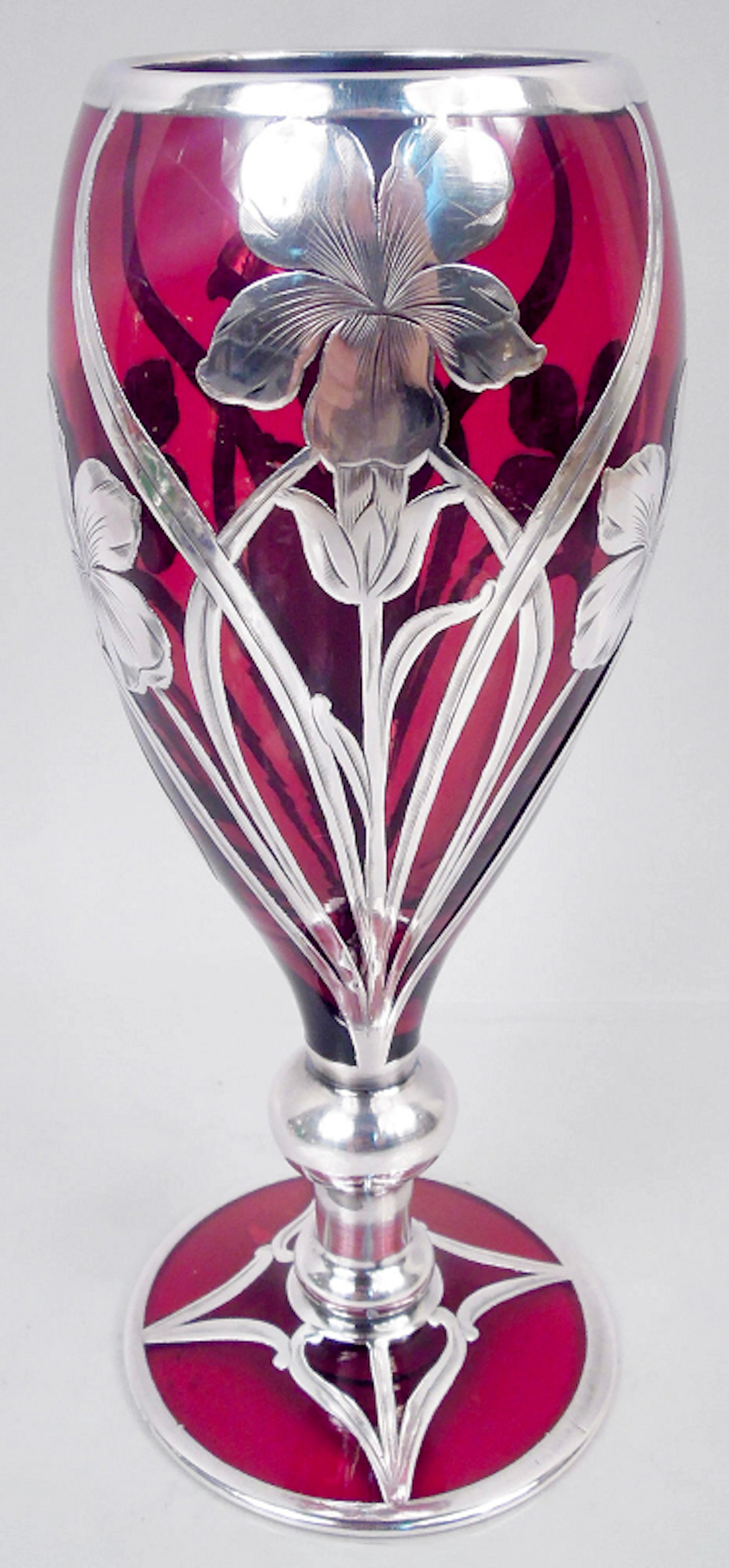 Antique American Art Nouveau Red Silver Overlay 8-Inch Vase