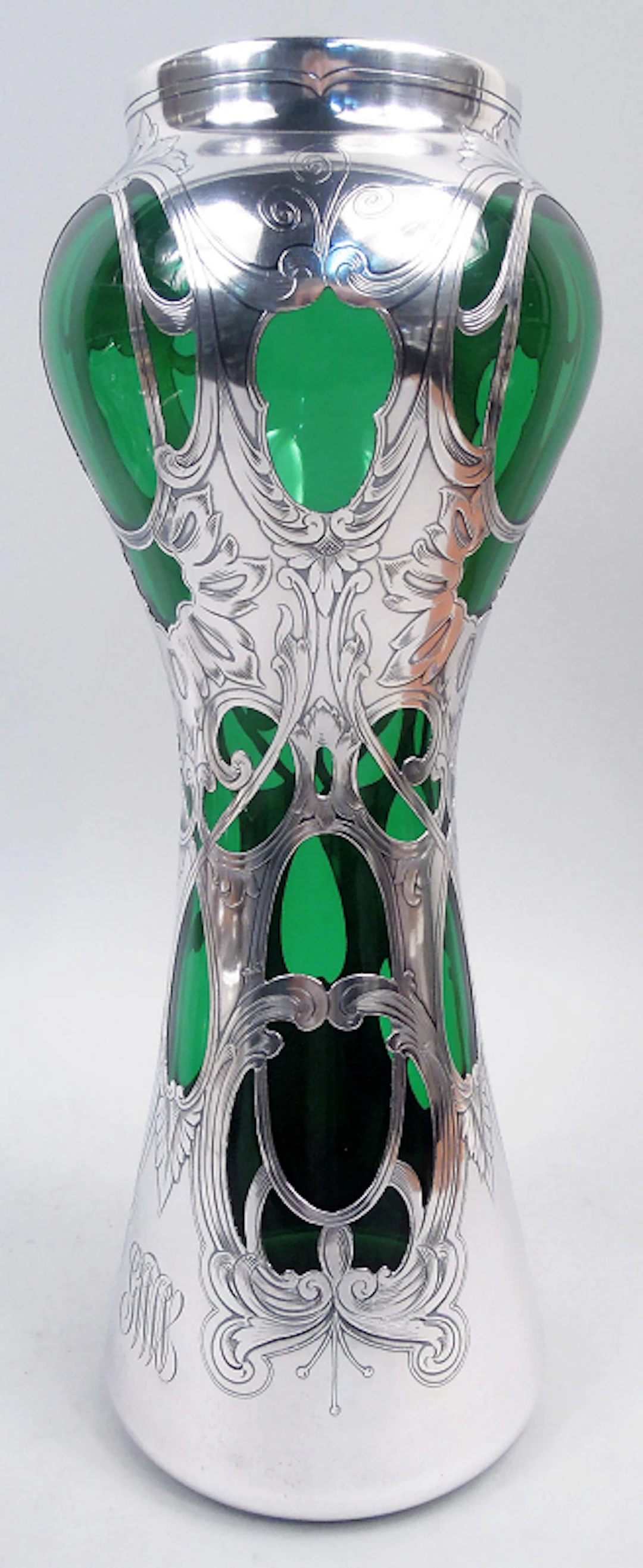 American Art Nouveau Classical Green Silver Overlay 14-Inch Vase