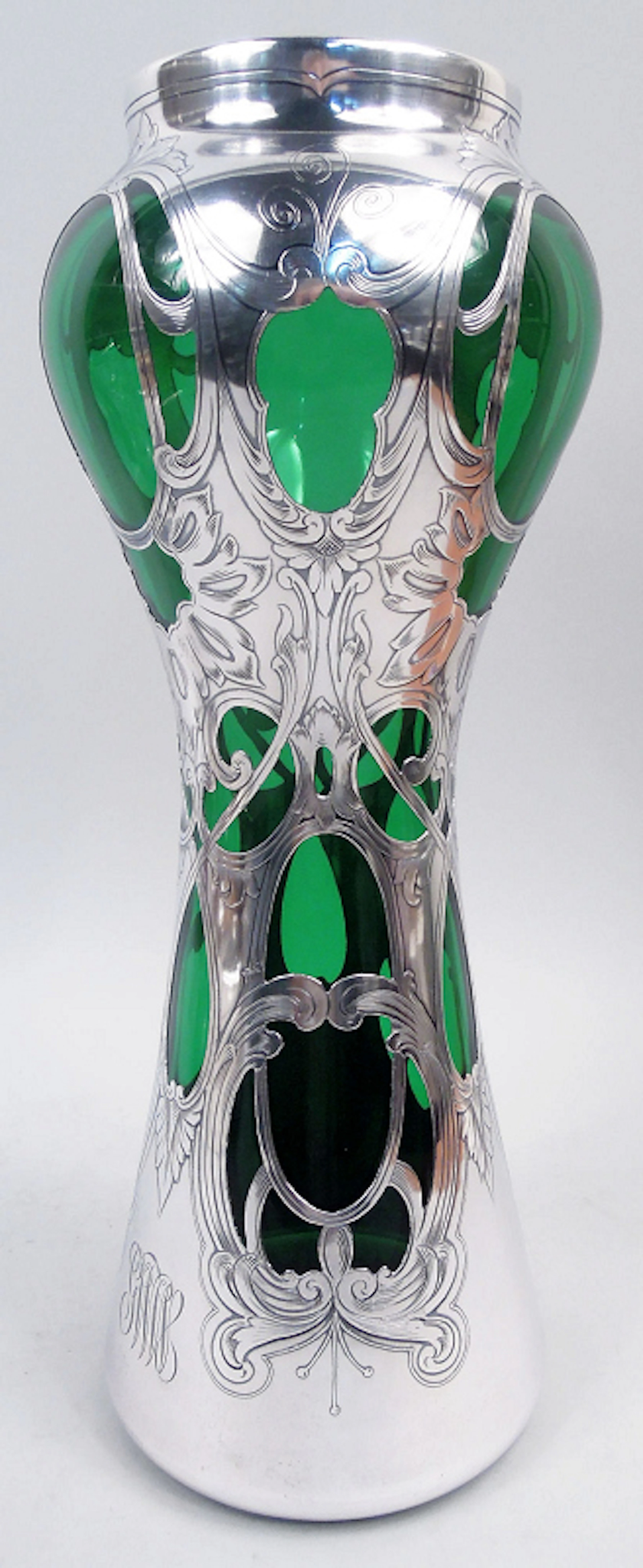 American Art Nouveau Classical Green Silver Overlay 14-Inch Vase