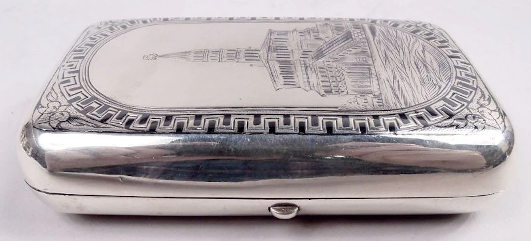 Antique Russian Silver & Niello Cigar Case with Sukharev Tower
