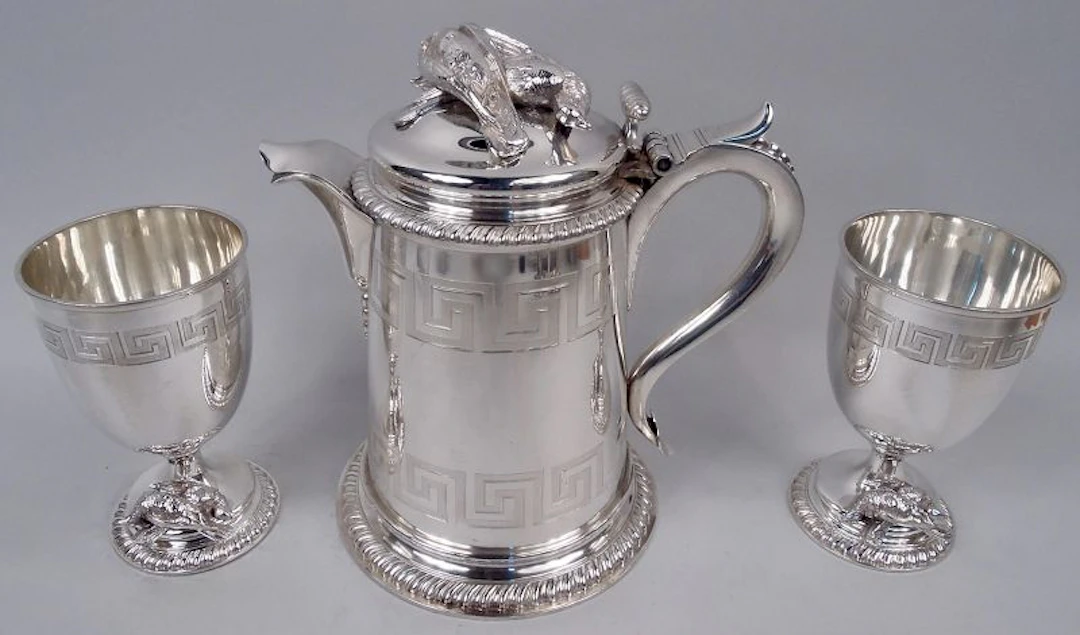 Tiffany Greek Revival Tankard Pitcher & Goblets with Hunt Motif