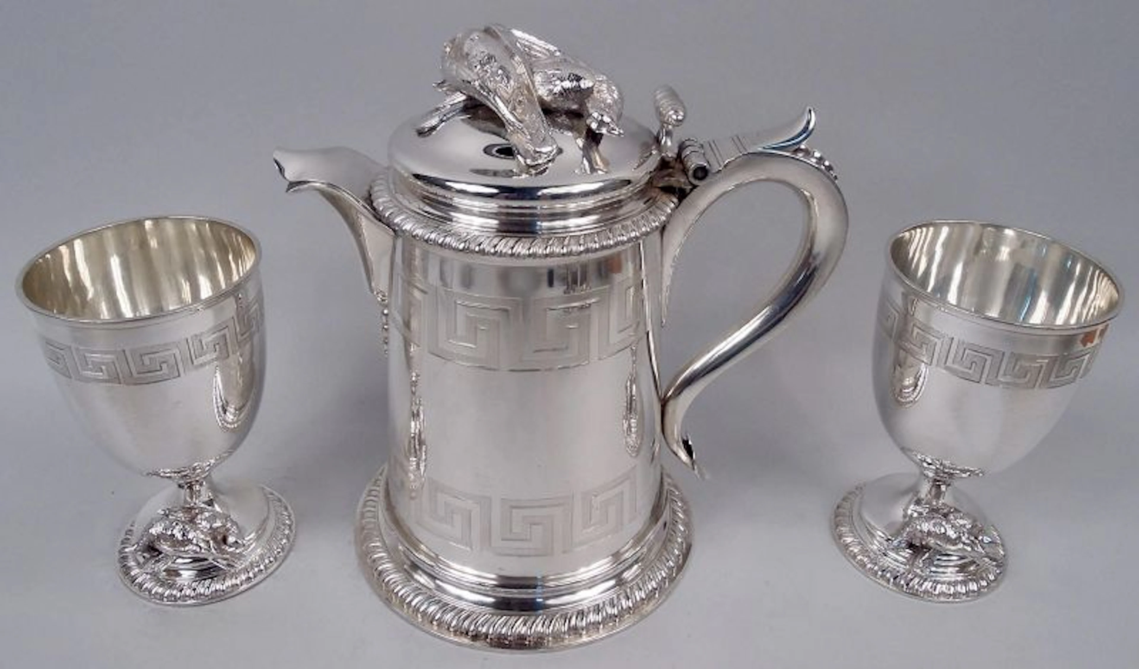 Tiffany Greek Revival Tankard Pitcher & Goblets with Hunt Motif