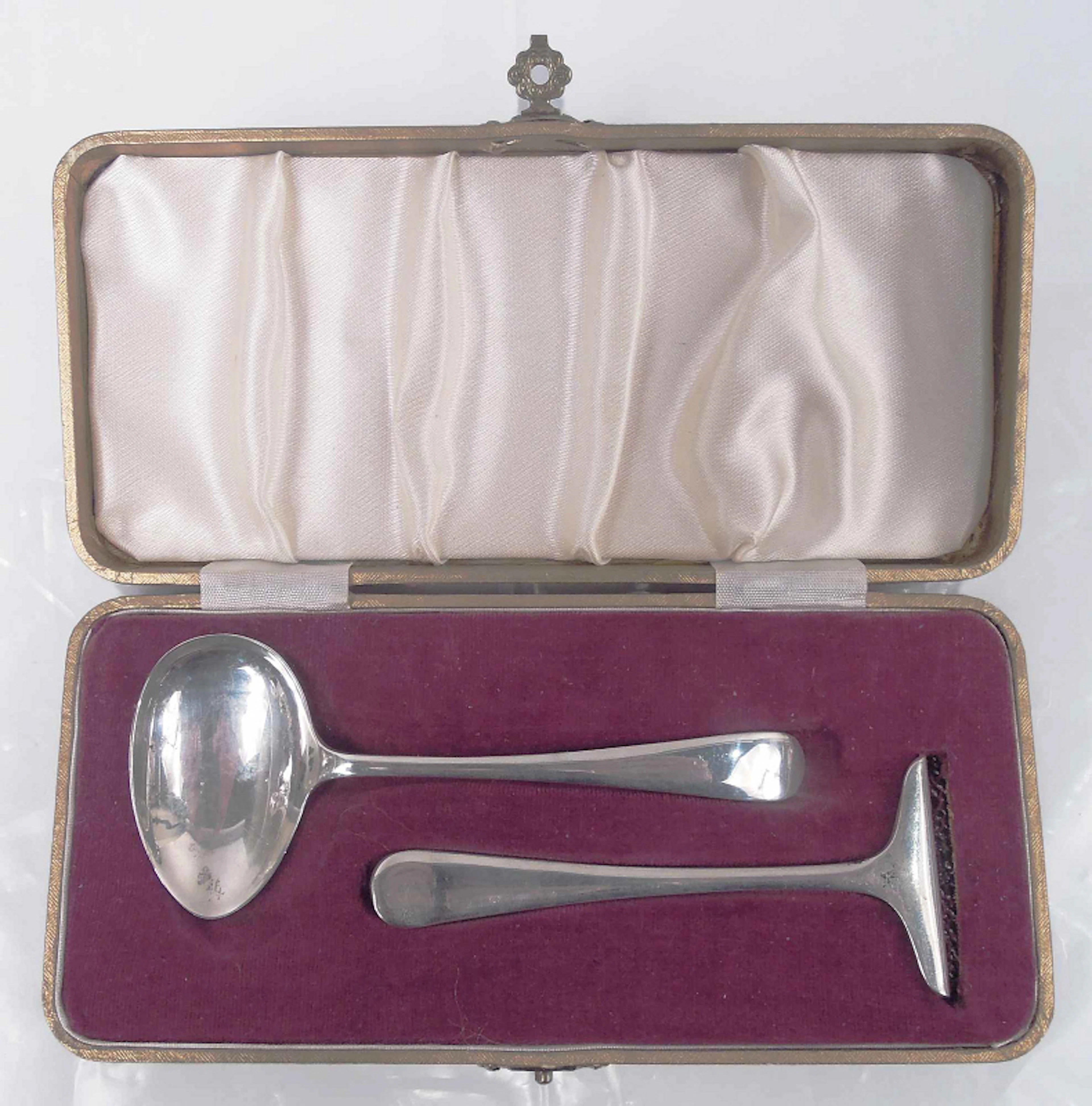 English Sterling Silver Baby Set with Food Pusher & Pap Spoon in Case