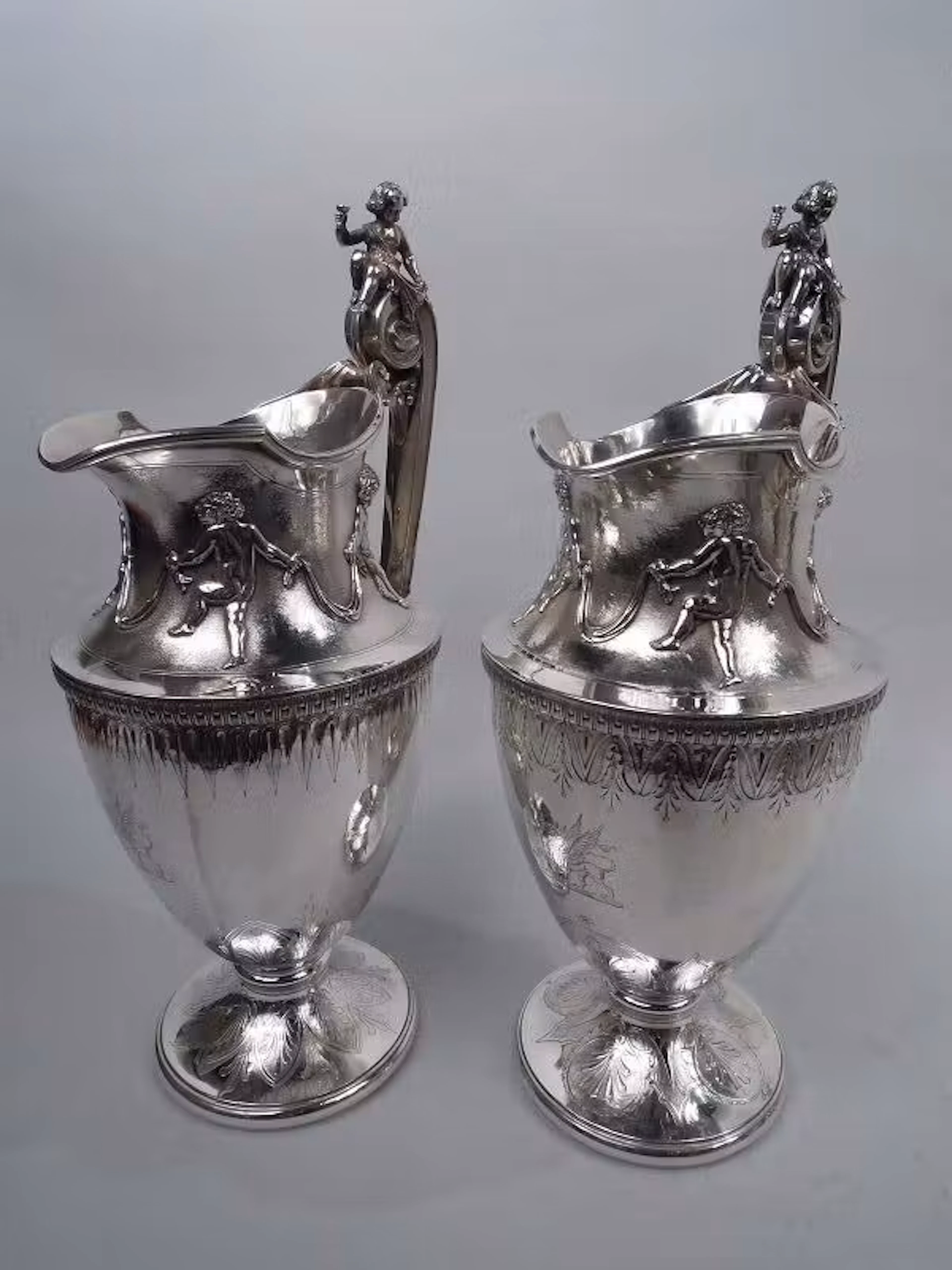 Pair of Antique Gorham American Classical Silver Ewers C 1860