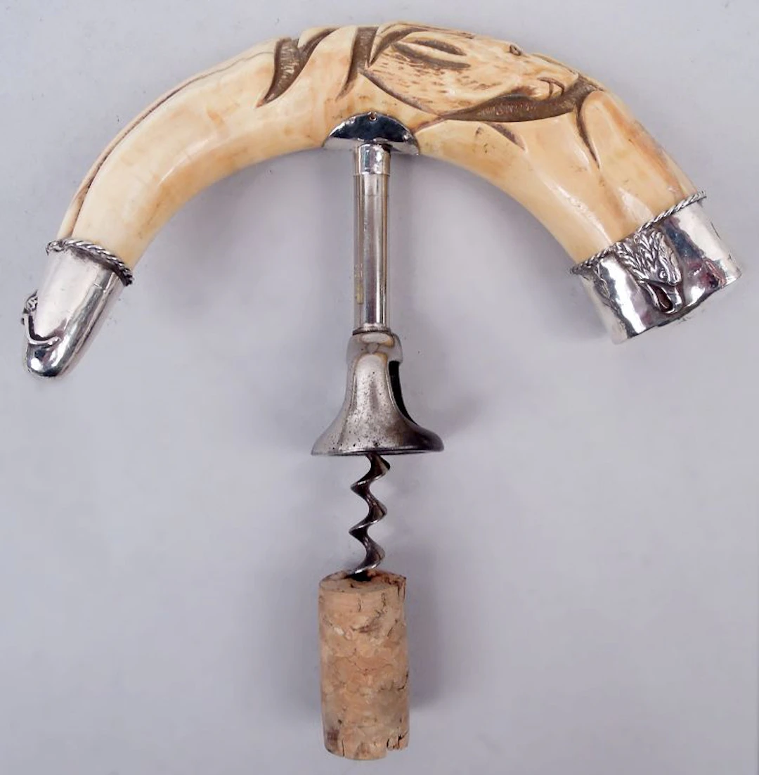 Antique American Big Game-Era Eagle Sterling Silver & Horn Corkscrew
