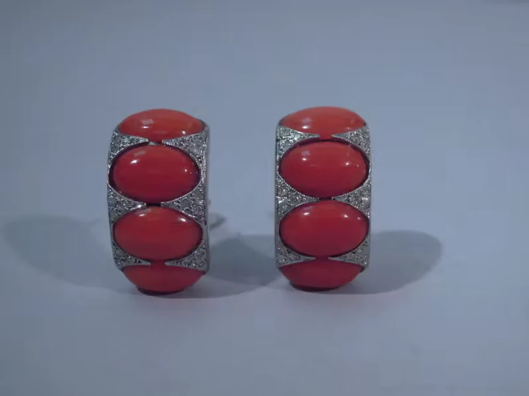 Pair Modern Diamond Platinum Coral Earrings C 1980