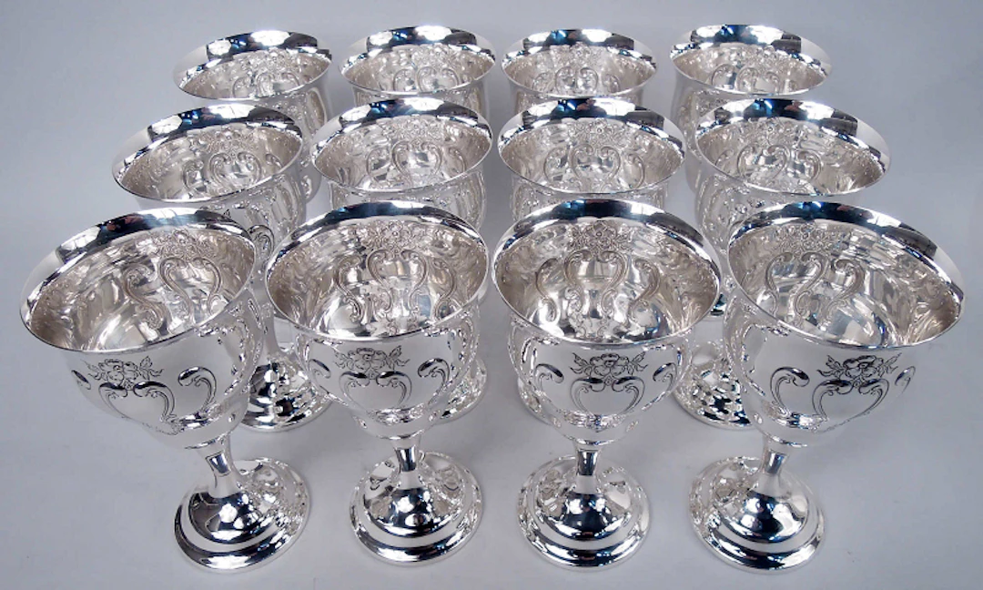 Set of 12 Gorham Chantilly Sterling Silver Goblets