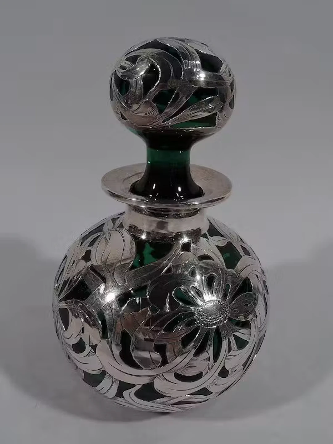 Large Antique American Art Nouveau Green Glass Silver Overlay Perfume