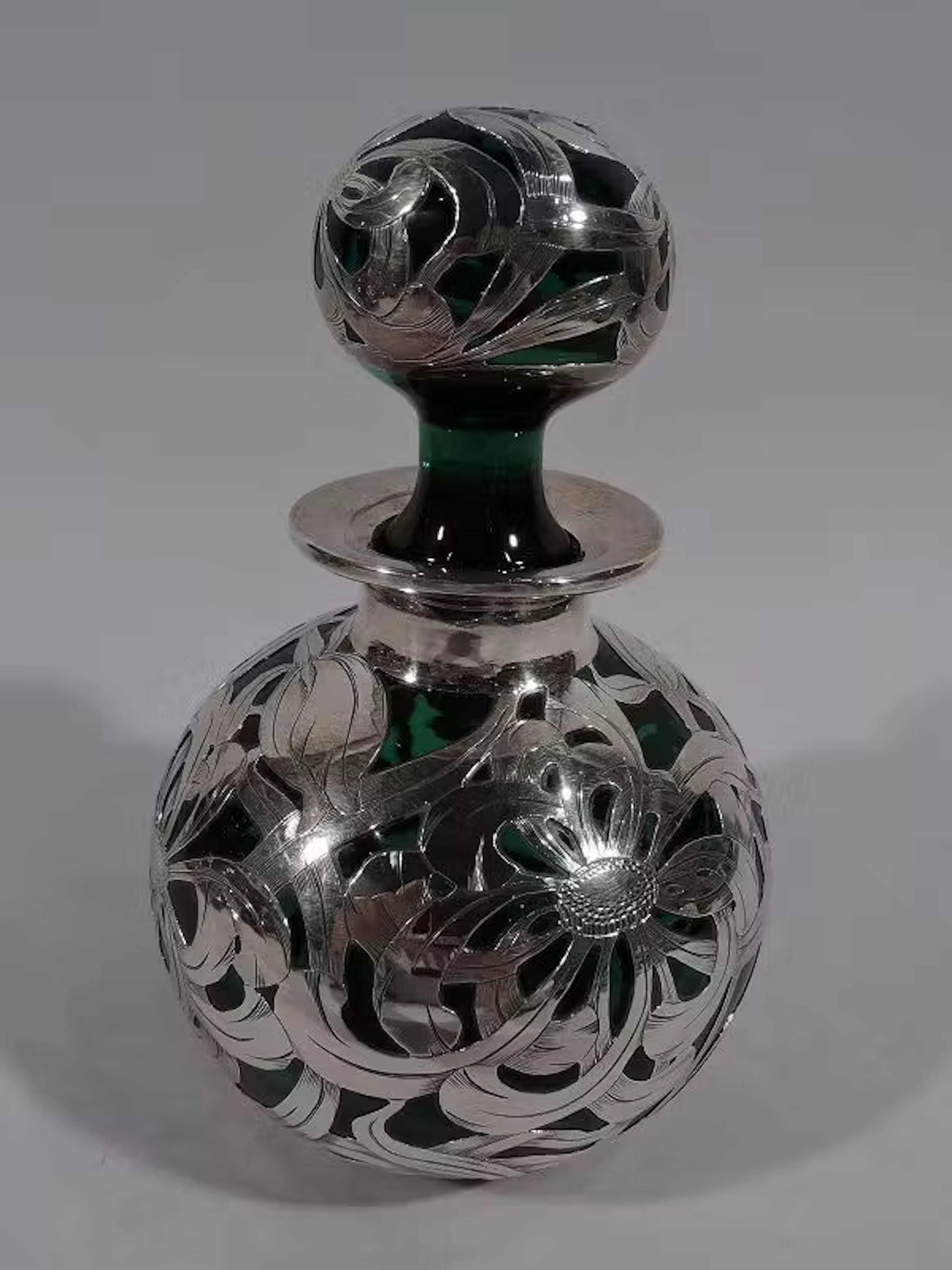 Large Antique American Art Nouveau Green Glass Silver Overlay Perfume