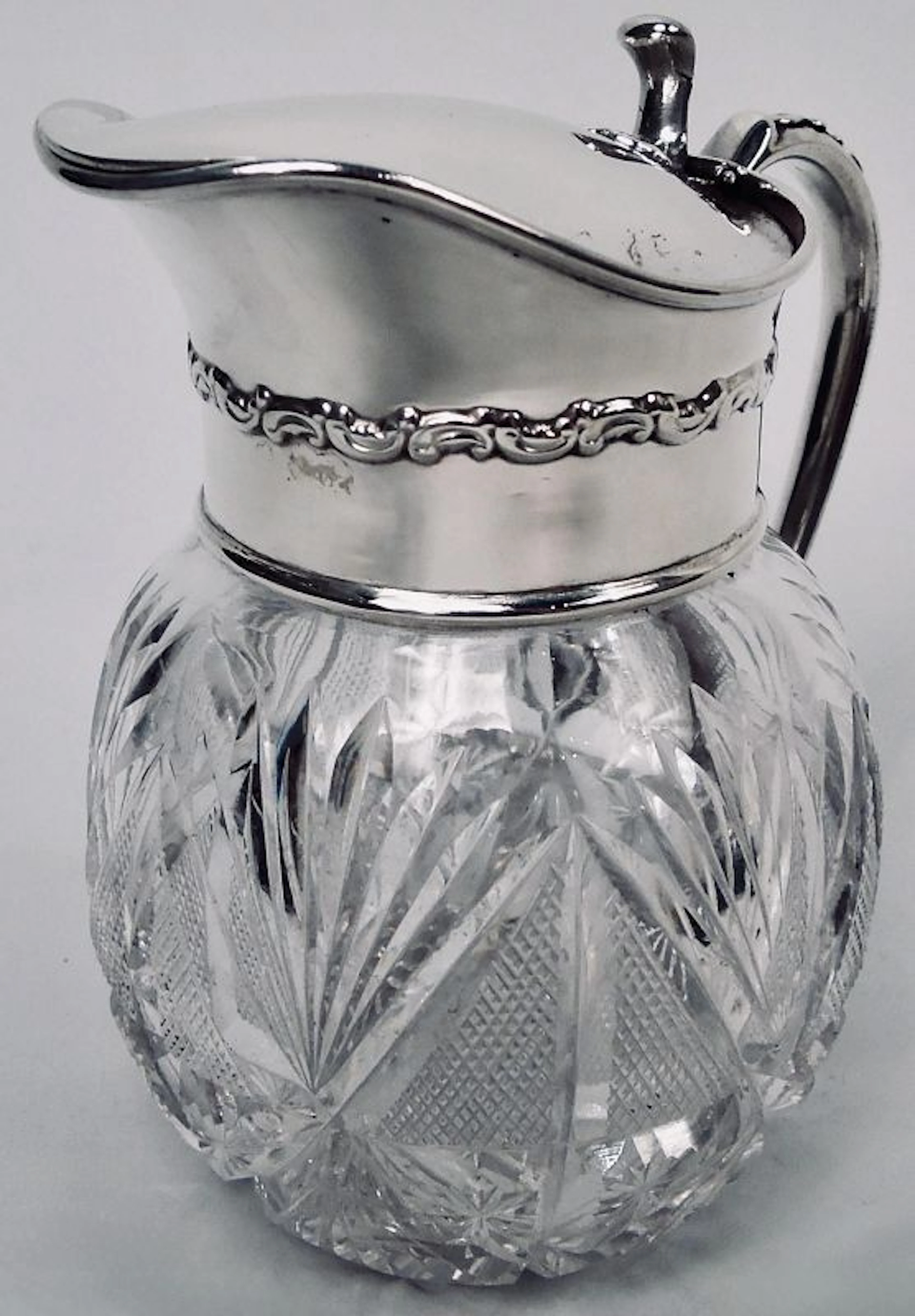 Antique American Edwardian Sterling Silver & Cut-Glass Syrup Jug