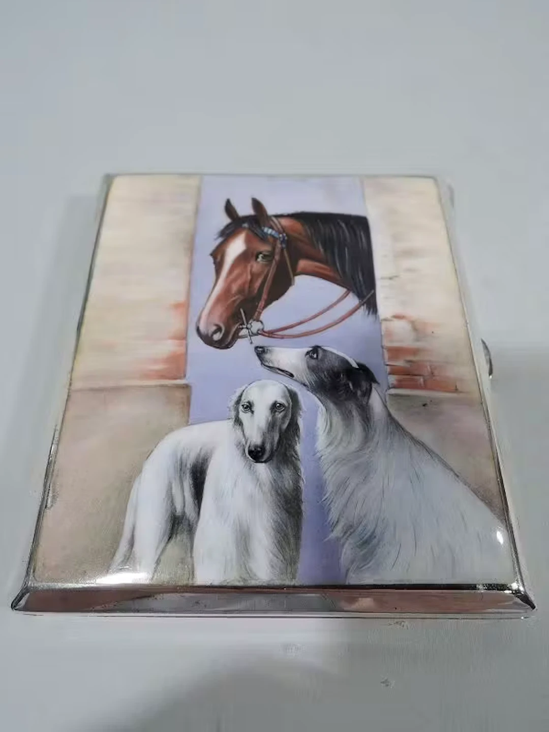 Antique European Silver & Enamel Horse Case with Borzoi Dogs
