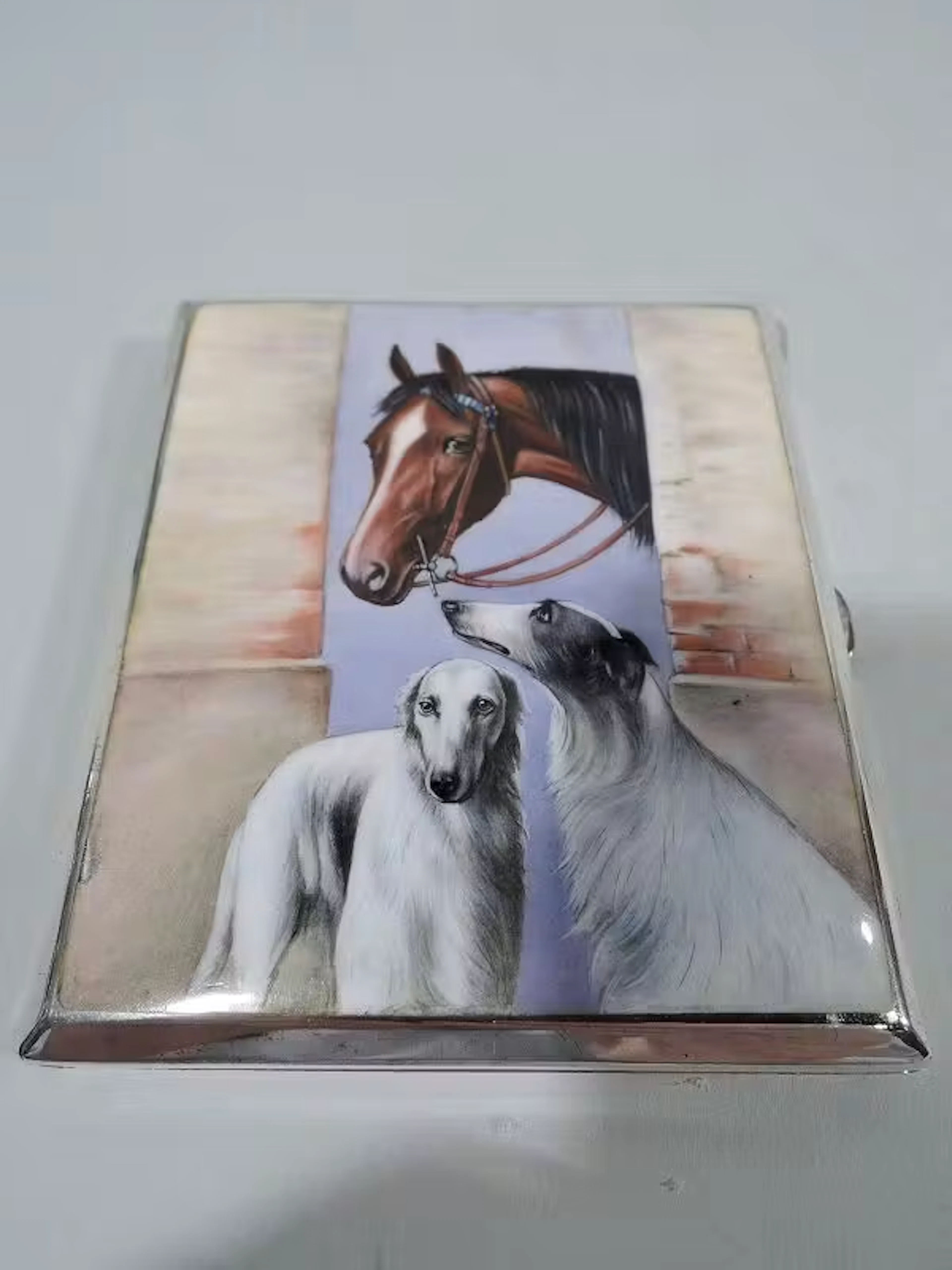 Antique European Silver & Enamel Horse Case with Borzoi Dogs