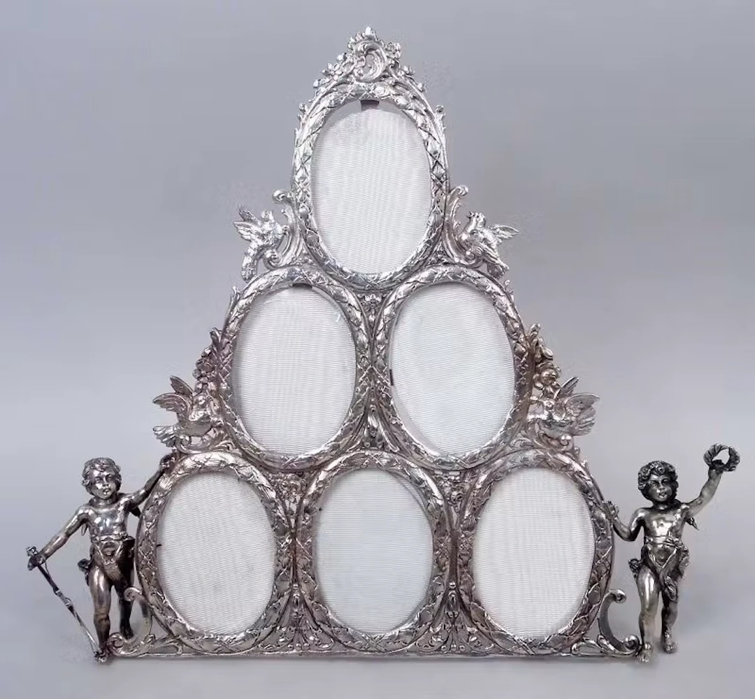 Antique German Hanau Rococo Silver 6-Window Picture Frame