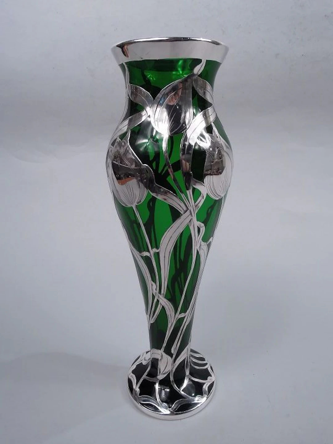 Antique La Pierre Art Nouveau Green Tulip Silver Overlay Vase