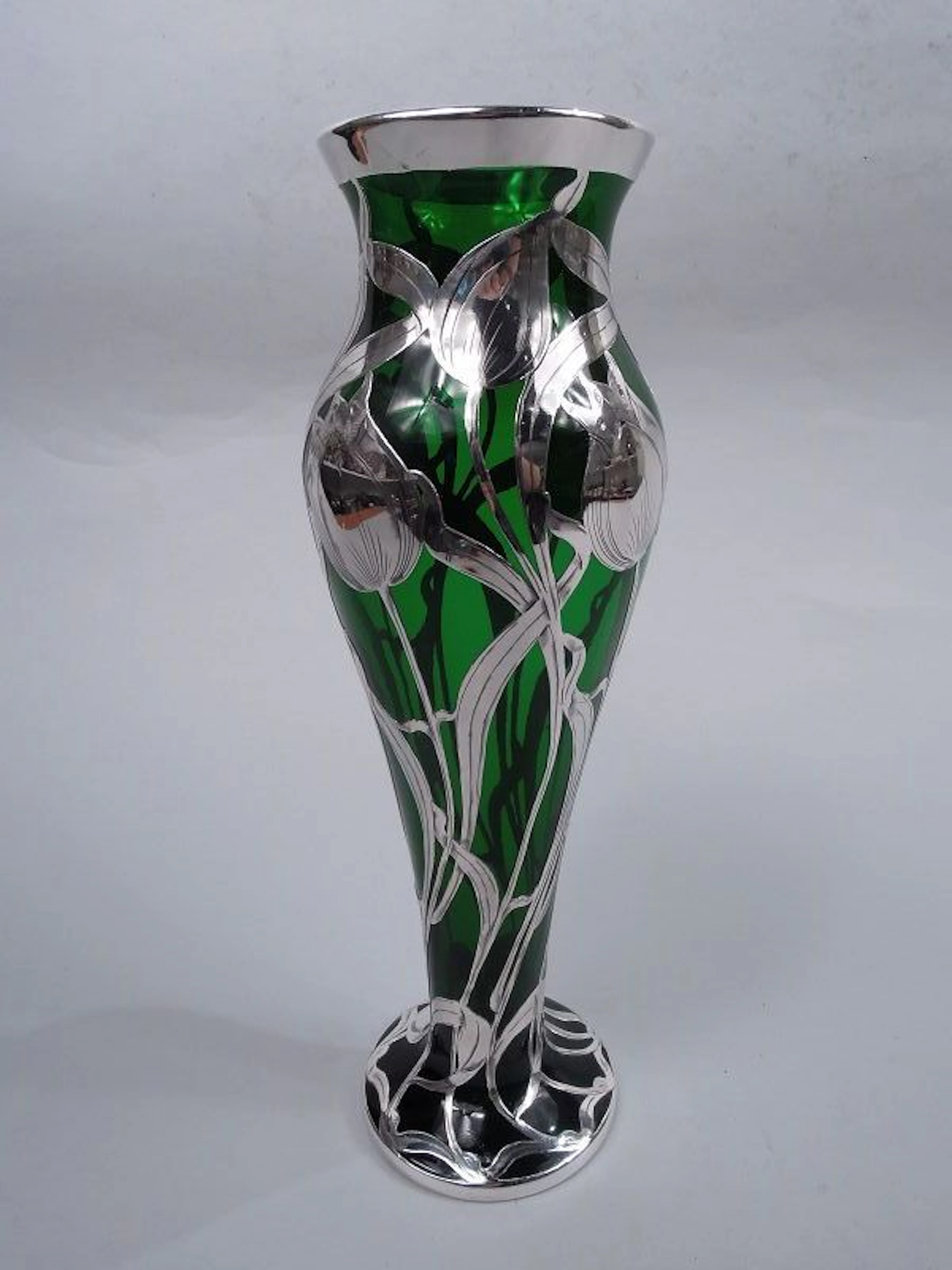 Antique La Pierre Art Nouveau Green Tulip Silver Overlay Vase